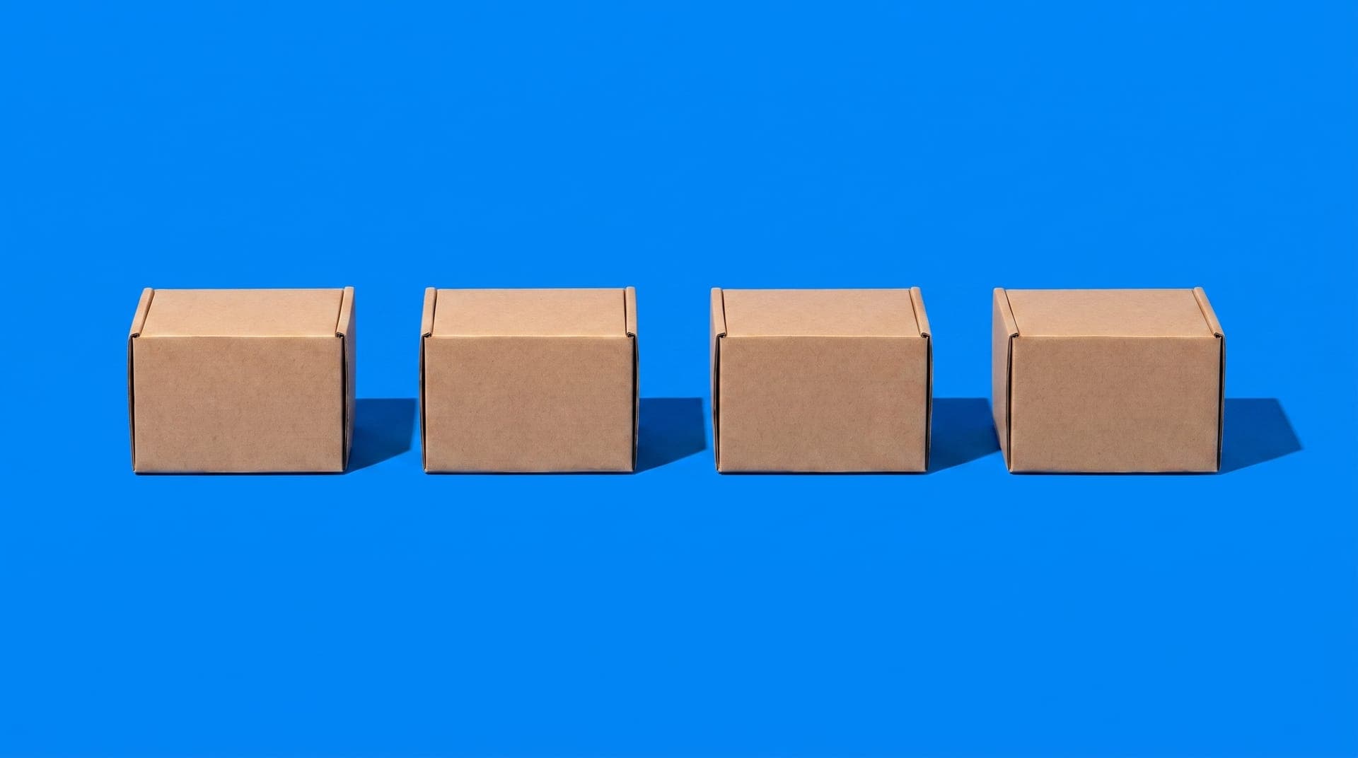 Cuatro cajas iguales alineadas sobre un fondo azul