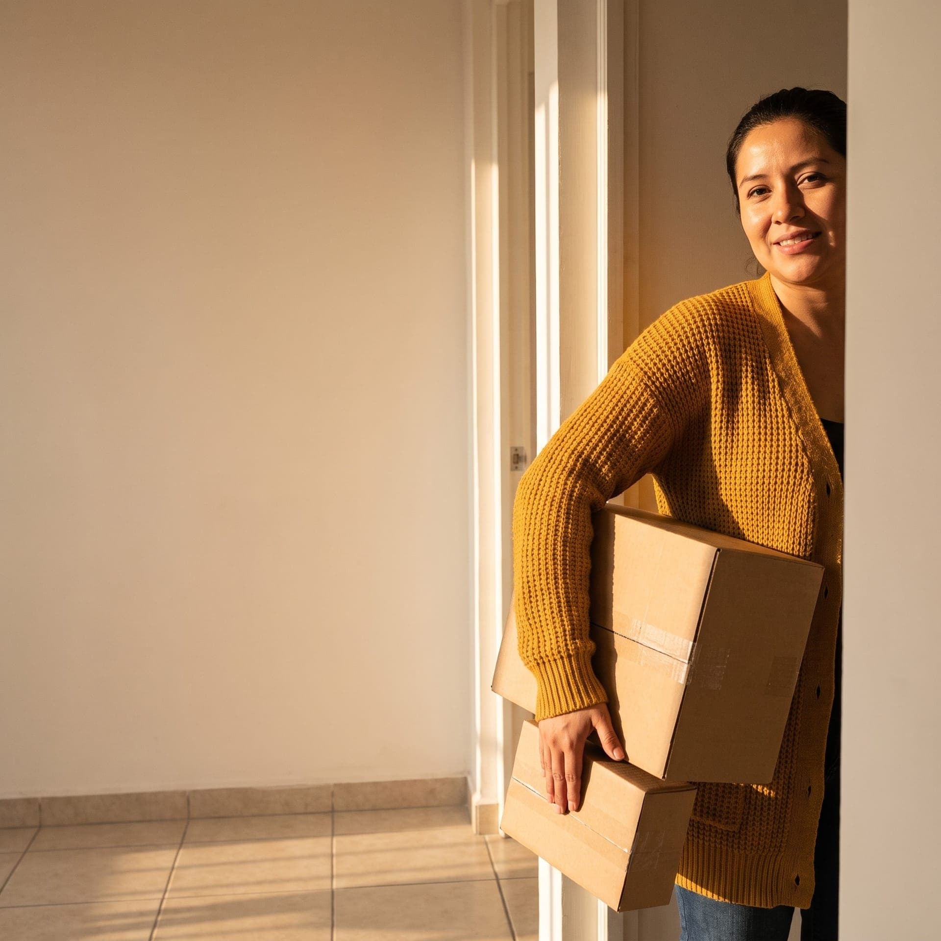 A woman taking two parcels at her apartment door