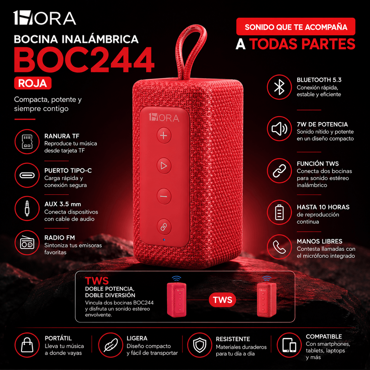 Bocina Bluetooth 1HORA BOC244 Roja Portátil con Sonido Estéreo y TWS — imagen 3