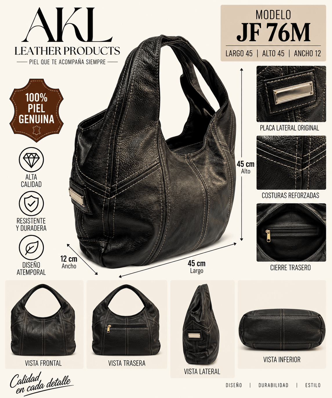 Bolsa Hobo de Piel Negra para Dama Grande JF76 Med — imagen 3