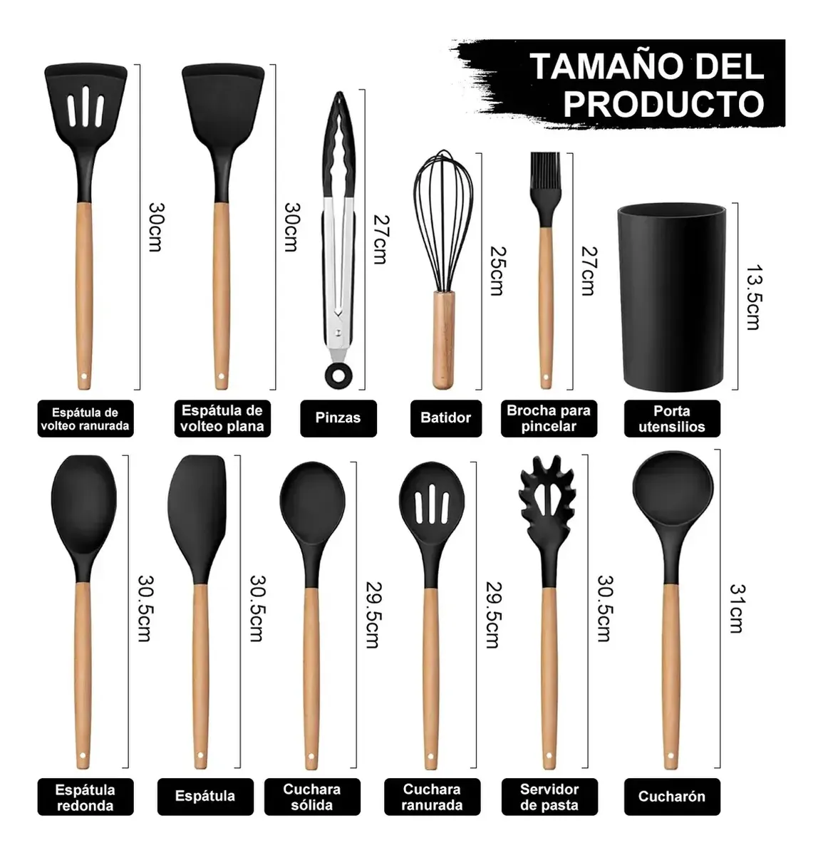 Set de Utensilios de Cocina de Silicón con Mango de Madera y Organizador — imagen 2