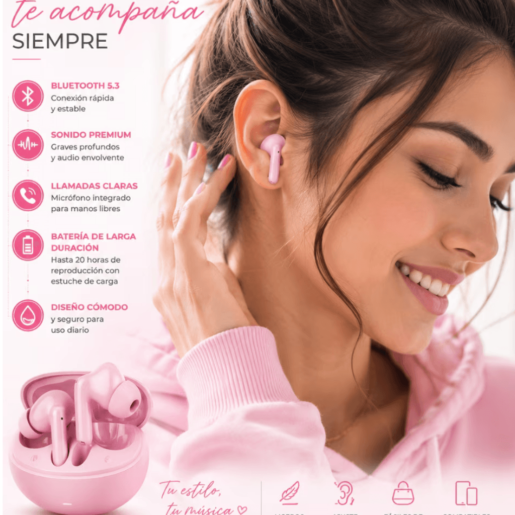 Combo Smartwatch Futurem FM13 + Audífonos g-tide L42 Bluetooth Ultra Compactos Rosa — imagen 6