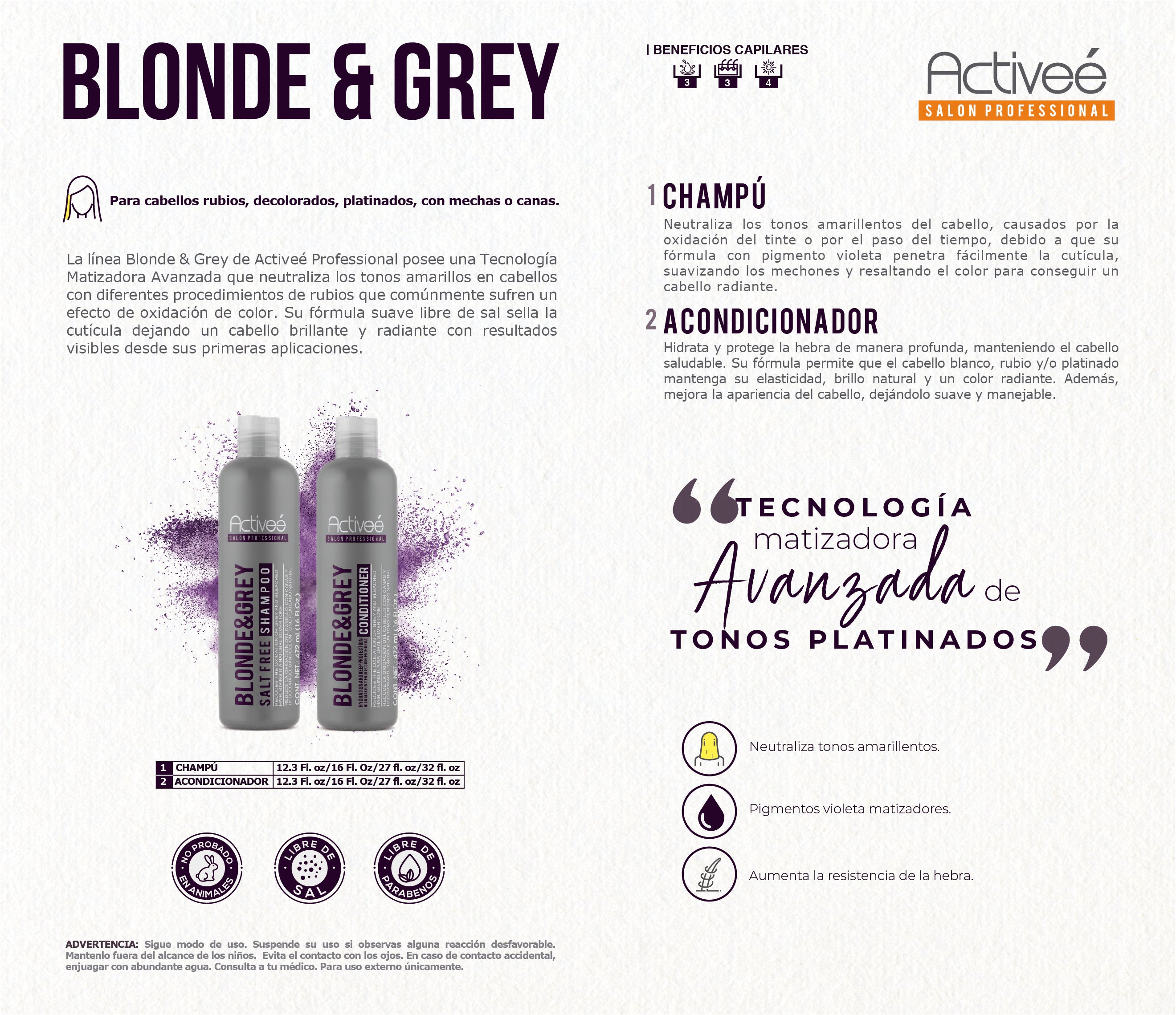 Shampoo Activee Professional Blonde & Grey Reduce la Oxidacion del Cabello con Canas y Decolorado dandole un tono plateado natural — imagen 3