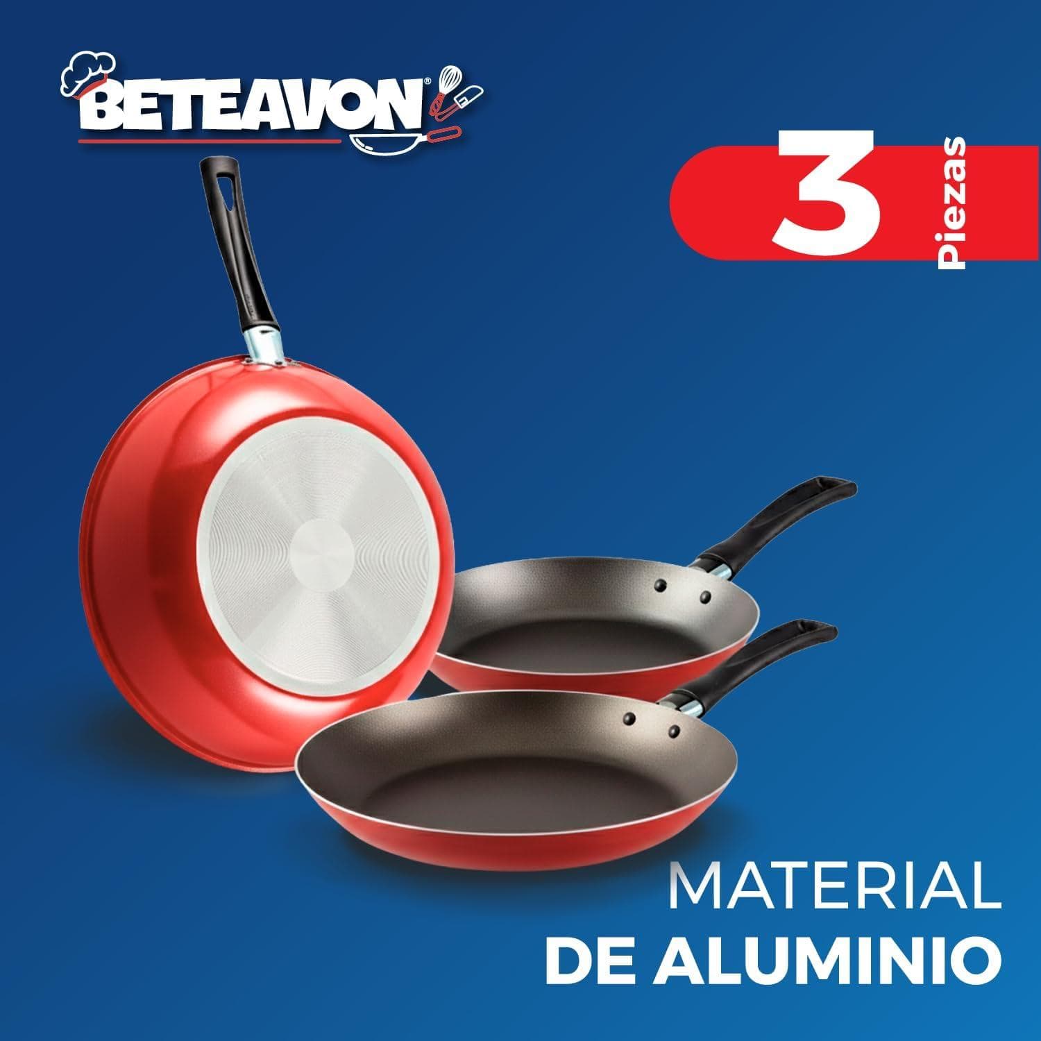 Set 3 Sartenes Antiadherentes Beteavon Rojo Aluminio Mango Ergonómico — imagen 5