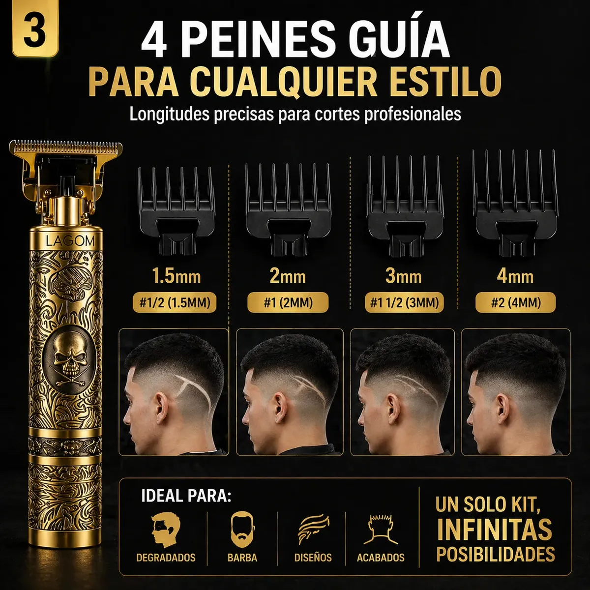 Rasuradora Eléctrica Recargable Profesional. Cortadora de Cabello Profesional Inalámbrica para Hombre Máquina para Cortar Cabello Recargable USB con 4 Peines Trimmer Barba Kit Completo — imagen 4