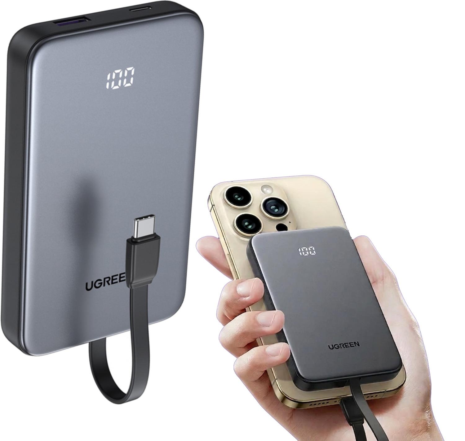 Powerbank 10000mAh Ugreen PB526 Carga Rápida 20W Con Cable USB-C Integrado Gris — imagen 2