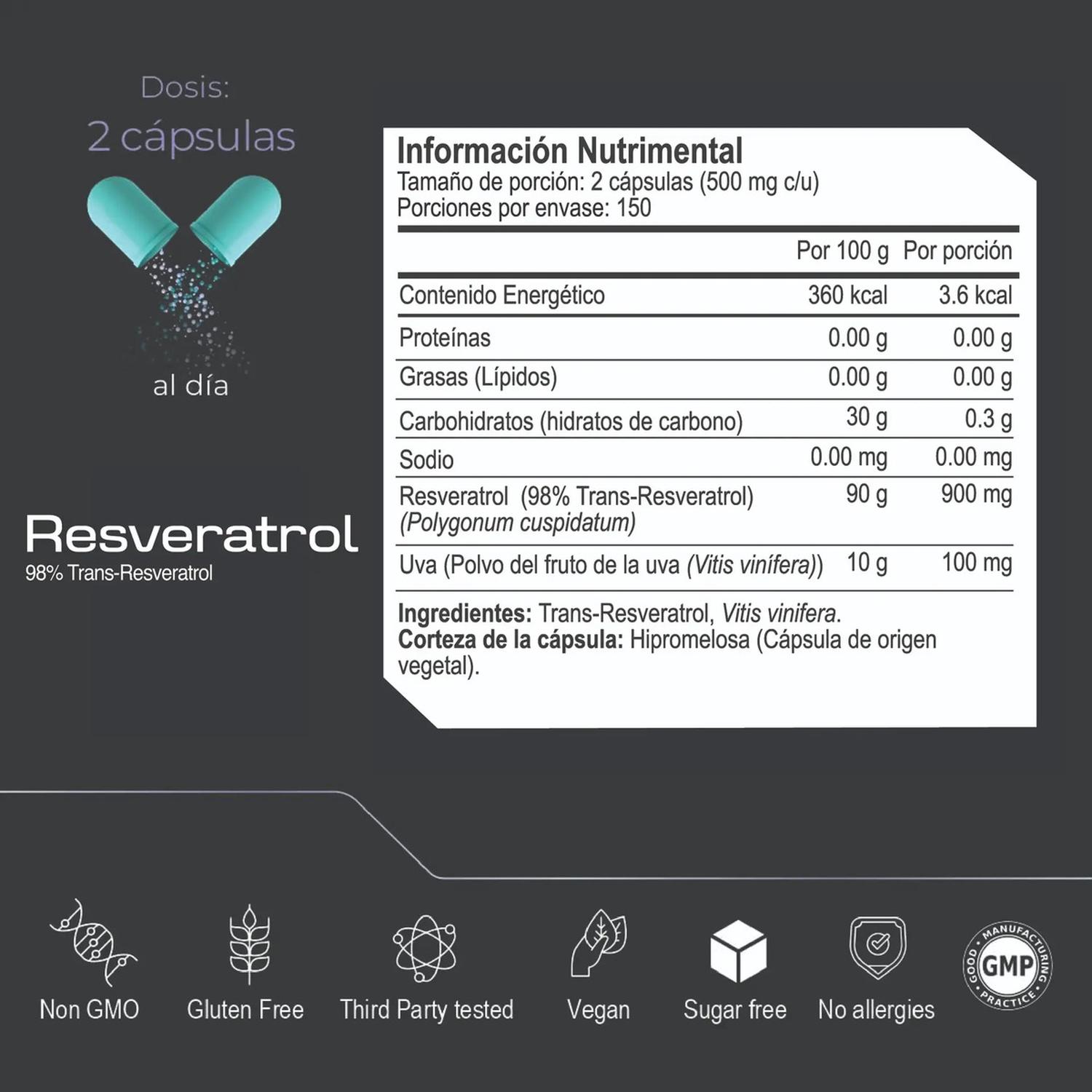 Ultra Pure: Resveratrol 98%, Trans-Resveratrol + Sirtuinas, para Salud Cardiovascular, 300 Cápsulas — imagen 3