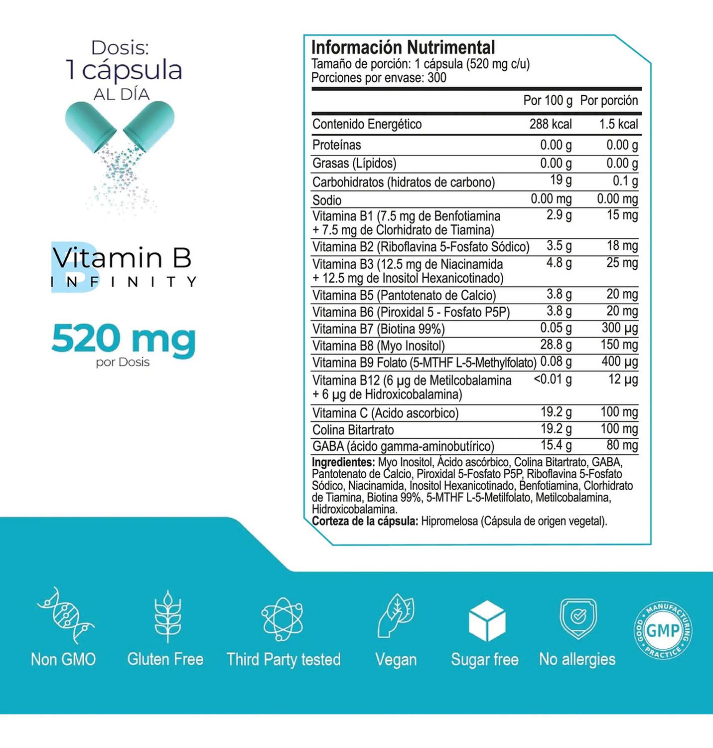 Infinity: Complejo B Elevado, 11 Formas Bioactivas de B1, B2, B3, B6, B9 Folato, B12, 300 Cápsulas — imagen 4