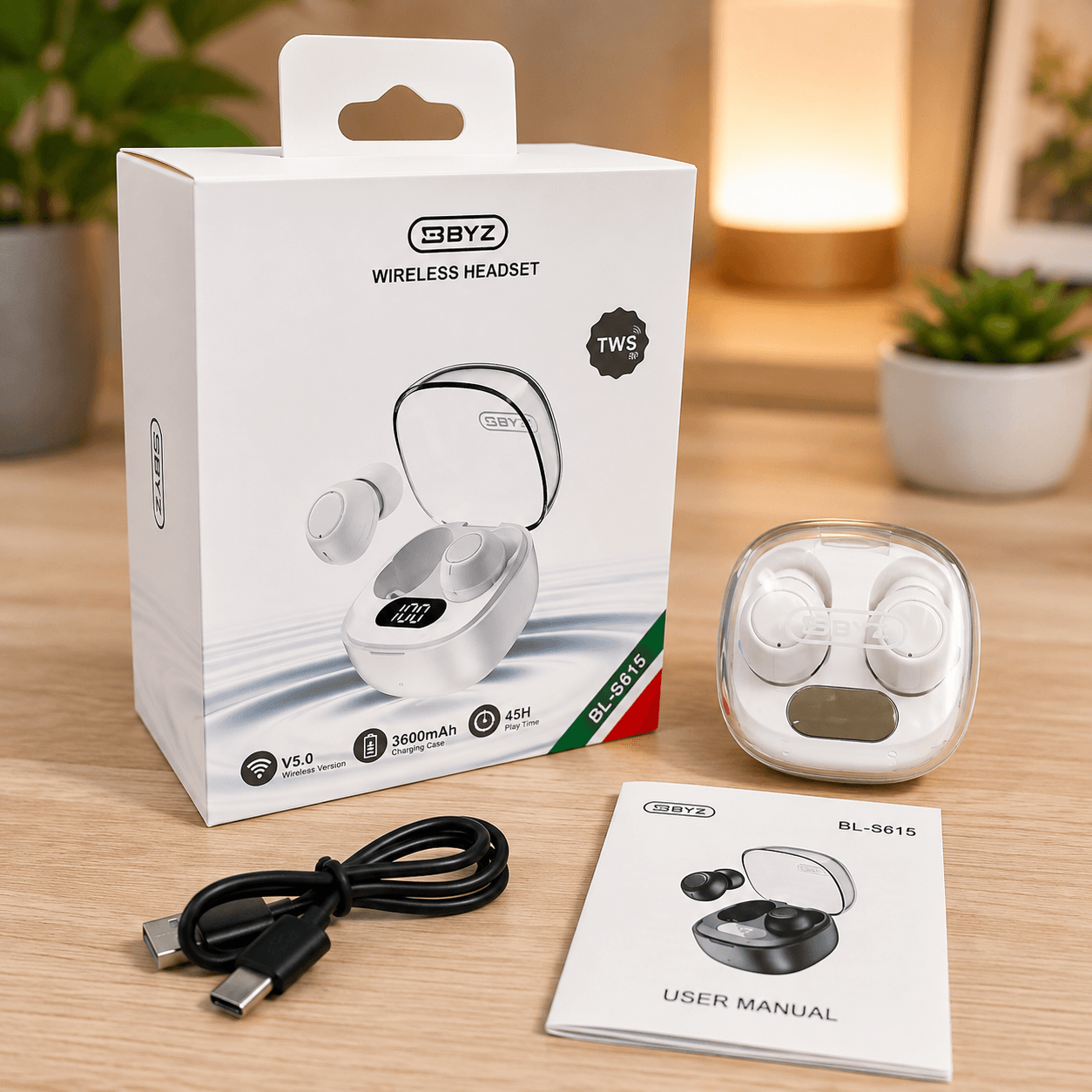 Audífonos Inalámbricos TWS BYZ BL-S615 Blancos con Estuche de Carga — imagen 2
