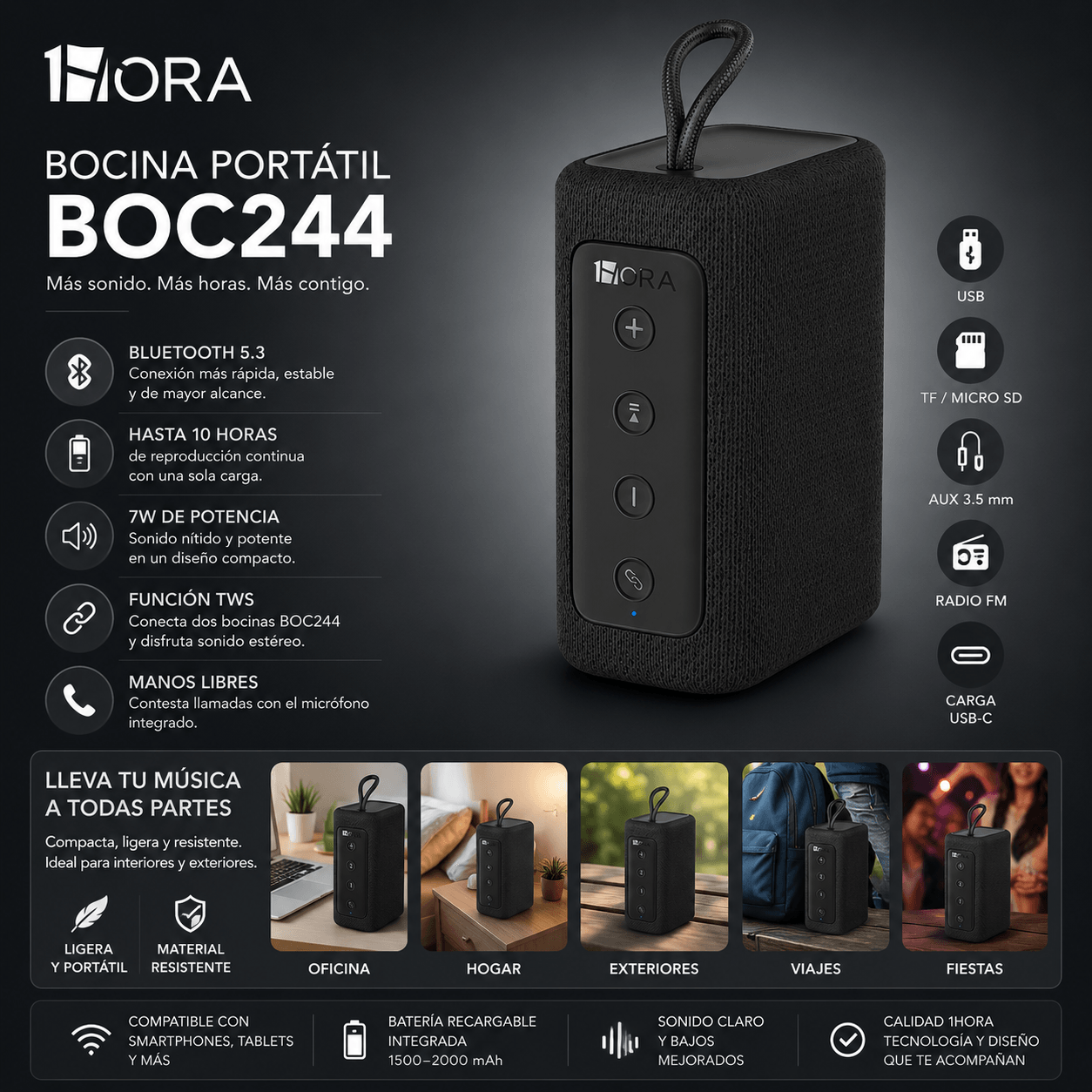 Bocina Bluetooth 1HORA BOC244 Negra Portátil con Sonido Estéreo y TWS — imagen 3