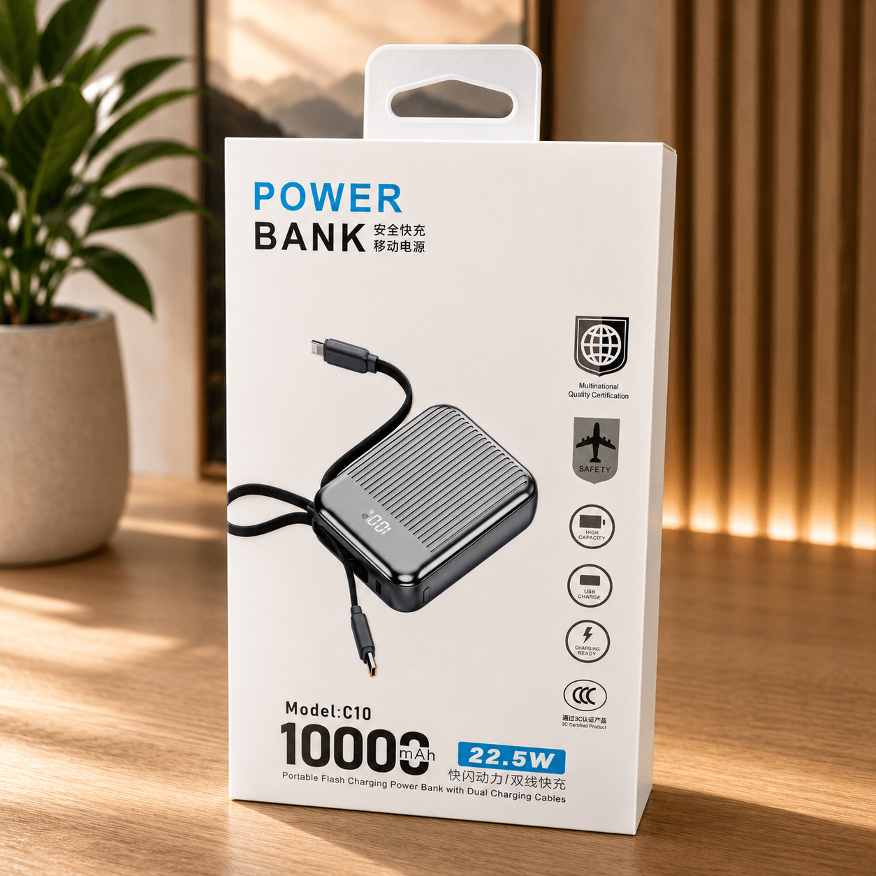 Power Bank C10 10000mAh 22.5W Carga Rápida con Cables Integrados y Pantalla Digital — imagen 7