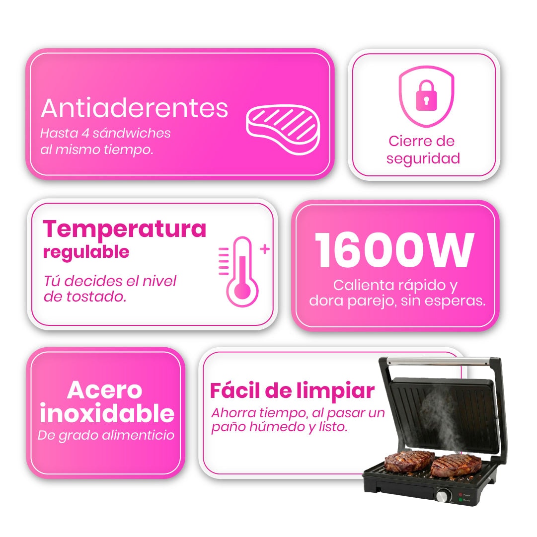 Parrilla Panini Grande TIMCO 1600W Sandwichera Profesional Acero Inoxidable Placas Antiadherentes 28×22 cm PANINI510M — imagen 3