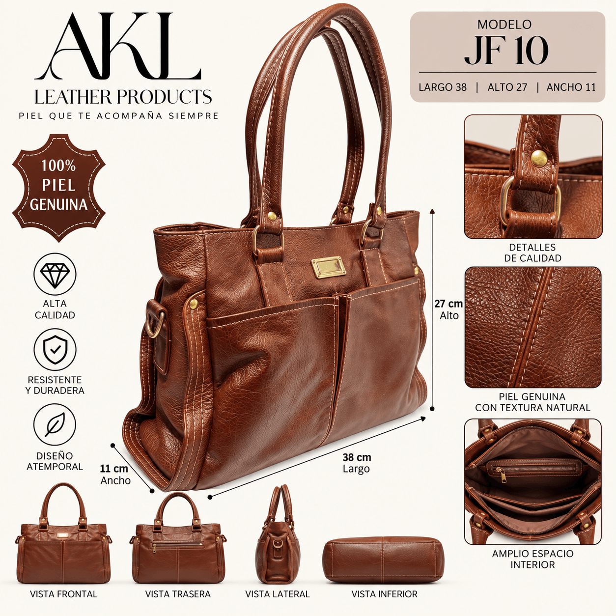 Bolsa Piel Legitima Grande Para Mujer Jf10 — imagen 2