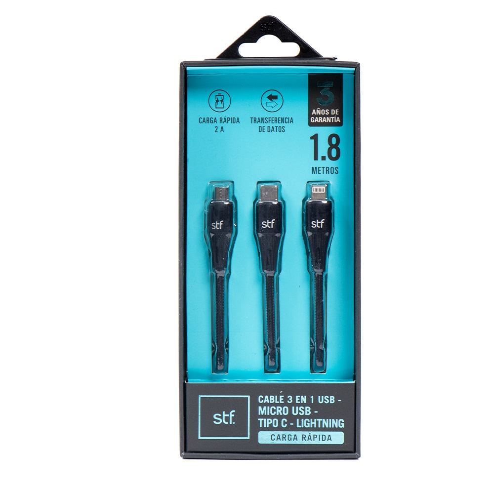 Cable 3 en 1 USB a Micro USB/Tipo C/Lightning Carga Rápida 2A 1.8m — imagen 6