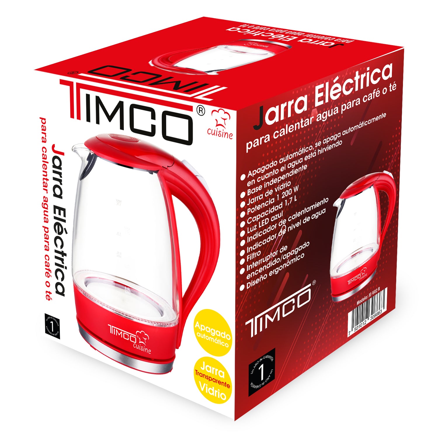 Jarra Eléctrica de Vidrio Tetera Hervidor de Agua Timco JE-V02R — imagen 5