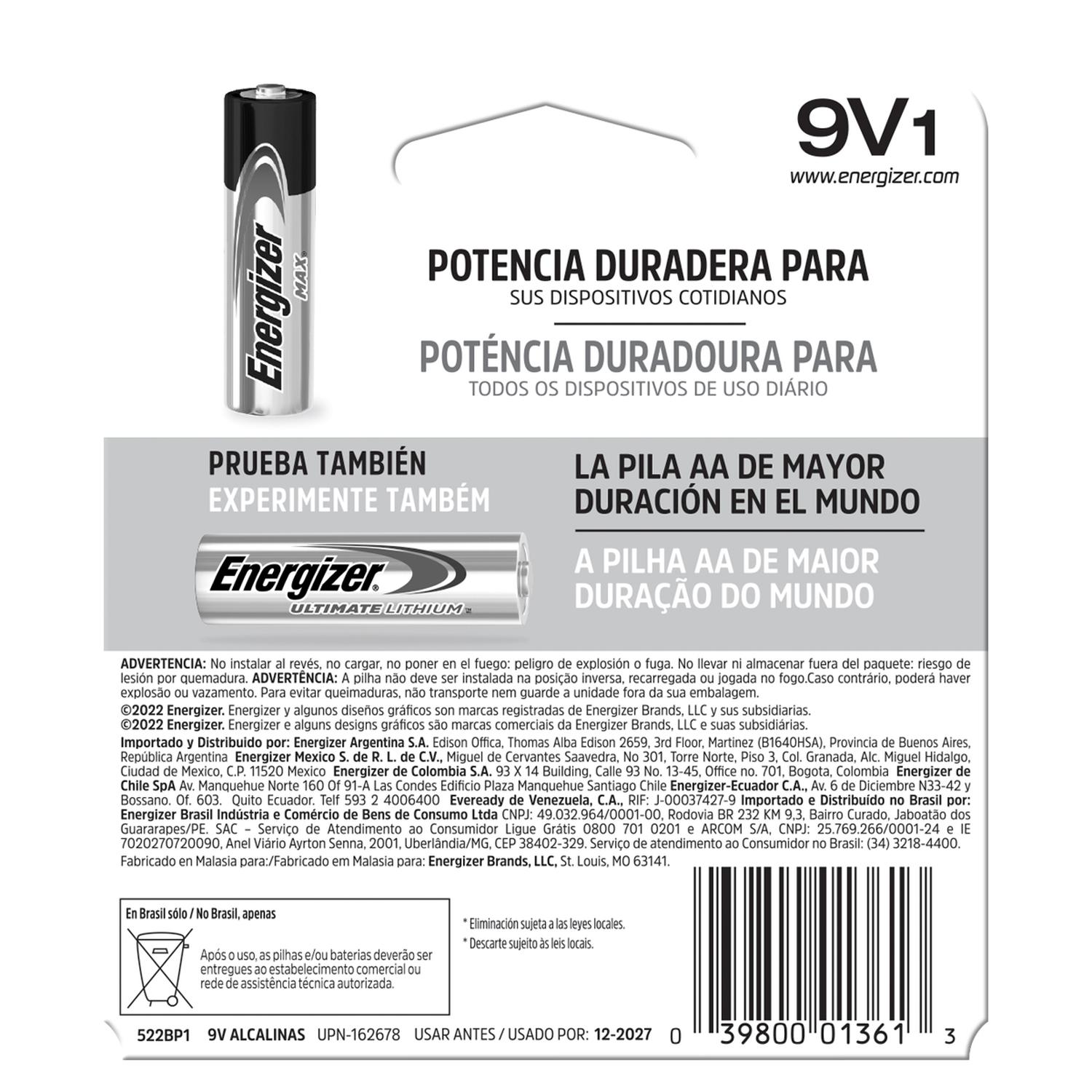 Pila Energizer Max Alcalina 9v Cuadrada 522bp-1 — imagen 7