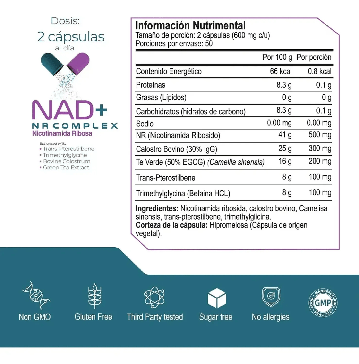 Essentials: NAD+ NR Complex, Nicotinamida Ribósida + Calostro + Trans-Pterostilbeno, 100 Cápsulas — imagen 2