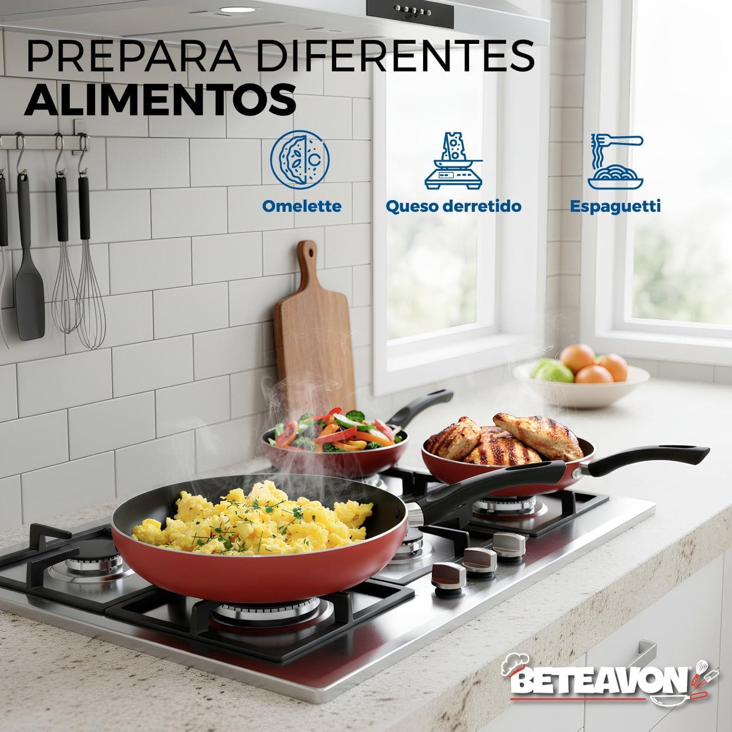 Set 3 Sartenes Antiadherentes Beteavon Rojo Aluminio Mango Ergonómico — imagen 9