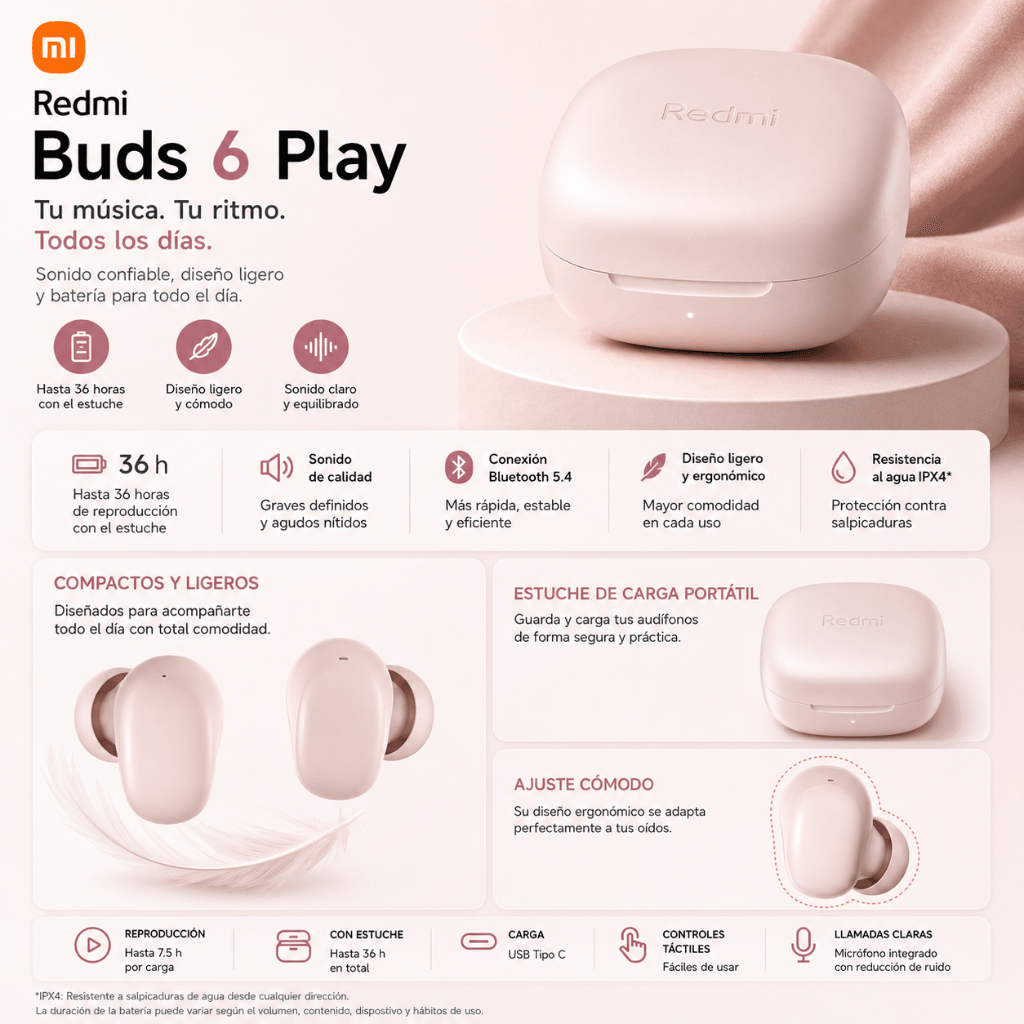 AUDIFONOS REDMI BUDS 6 PLAY (ROSA) + SMARTWATCH FILWANS GTS MINI (DORADA) + BOCINA SANAG M15 (ROJA) — imagen 7