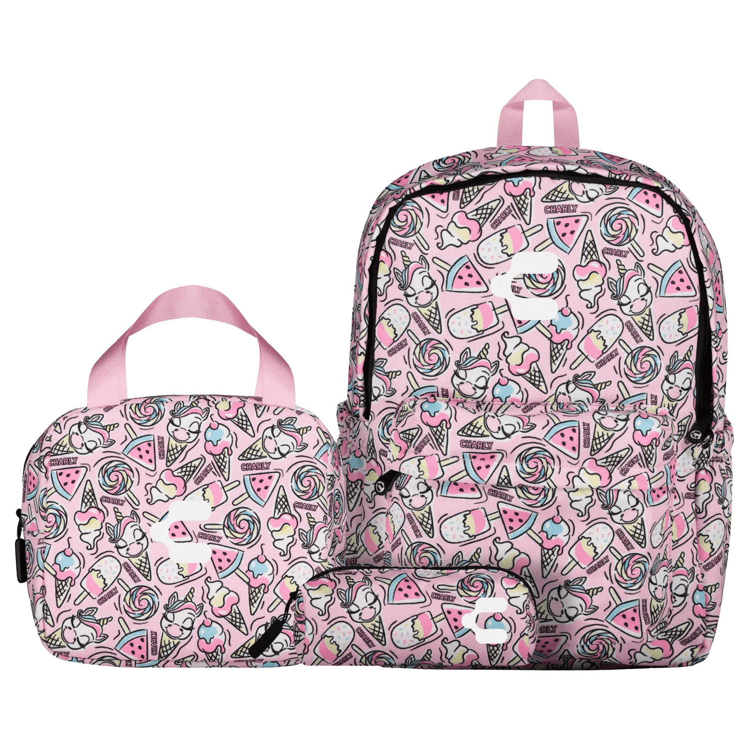 Set de Mochila Charly Unicornio Niña Escolar Lonchera Rosa Infantil — imagen 1