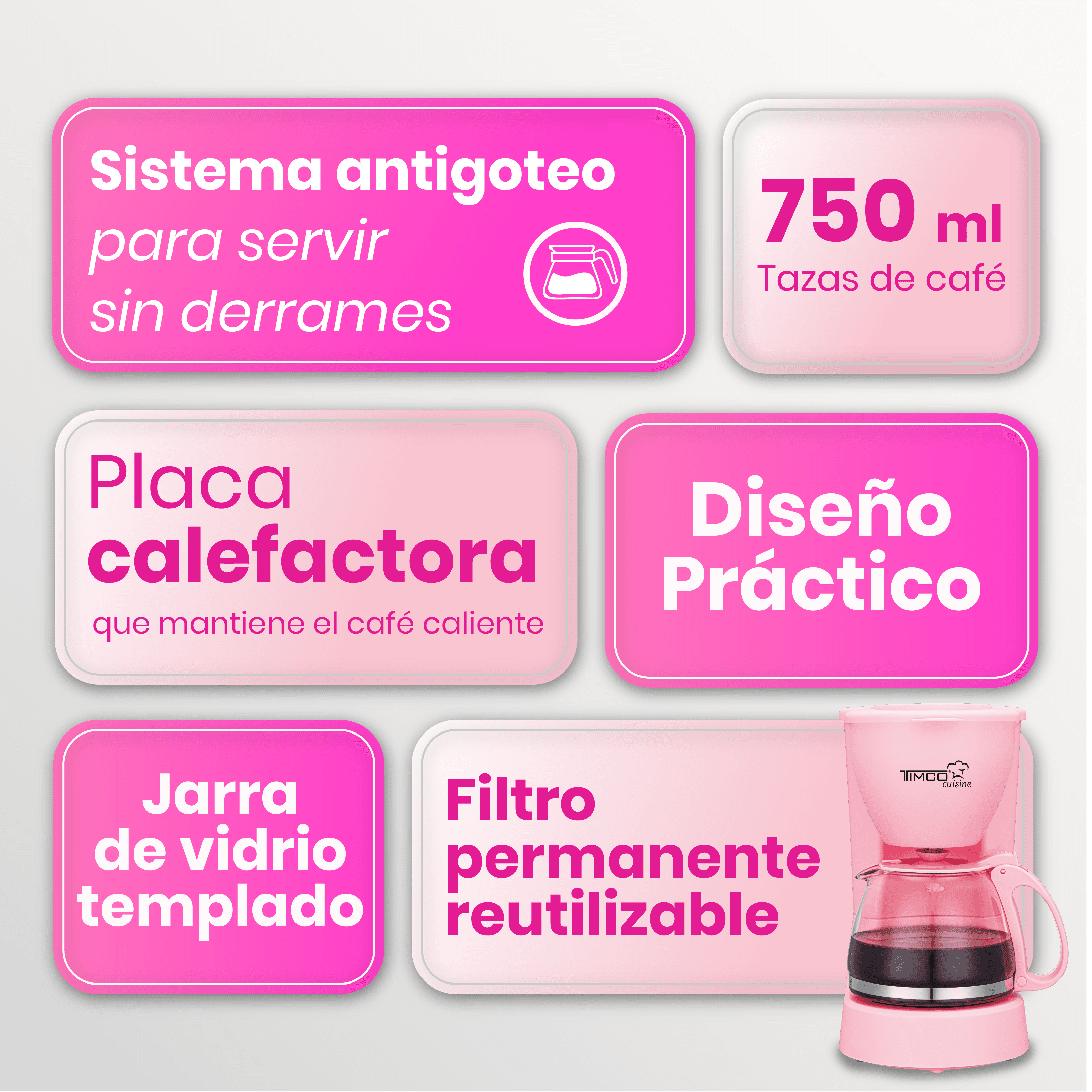 Cafetera Eléctrica Rosa 750 ml Filtro Permanente Antigoteo con Placa Calefactora CAFWJ9008 Timco — image 3