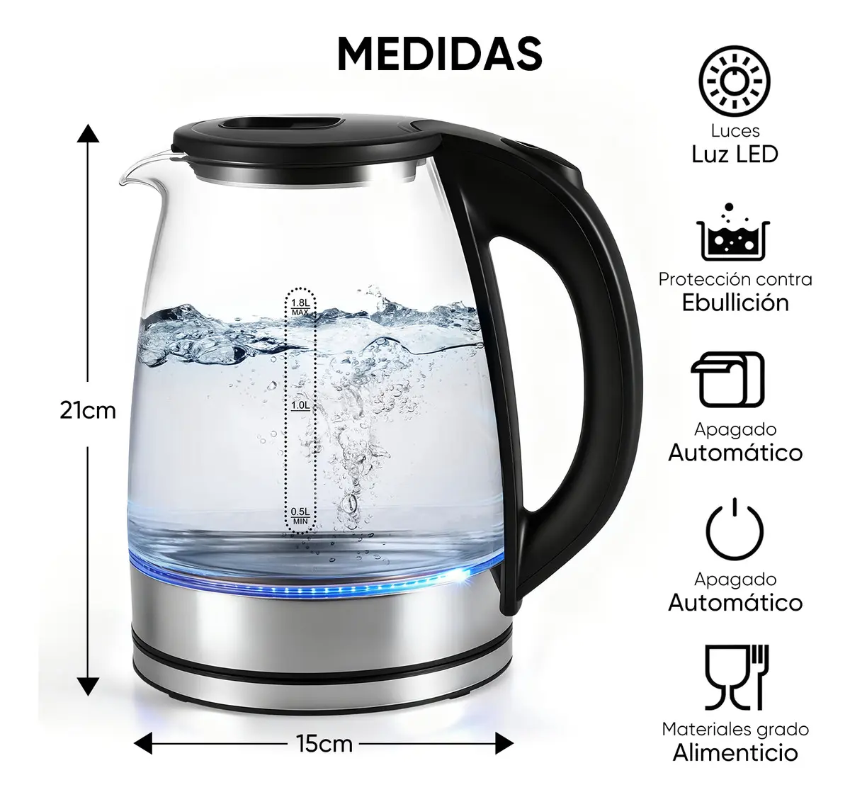 Tetera Eléctrica de Vidrio 1.8L con Apagado Automático — imagen 4