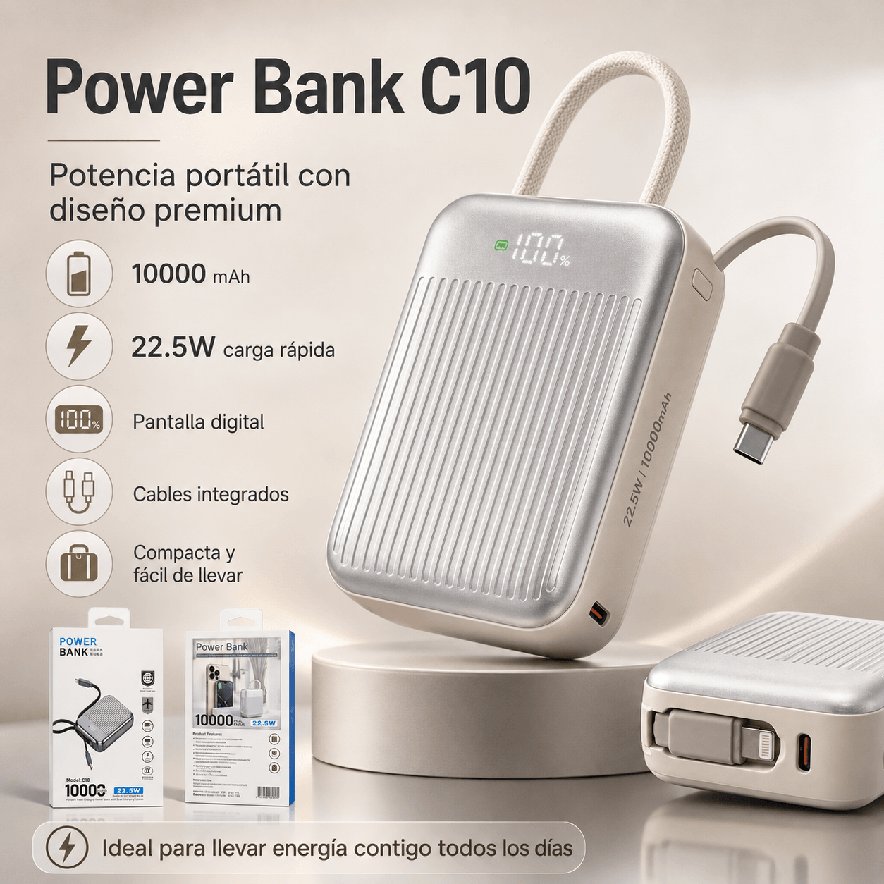 Power Bank C10 10000mAh 22.5W Carga Rápida con Cables Integrados y Pantalla Digital — imagen 2