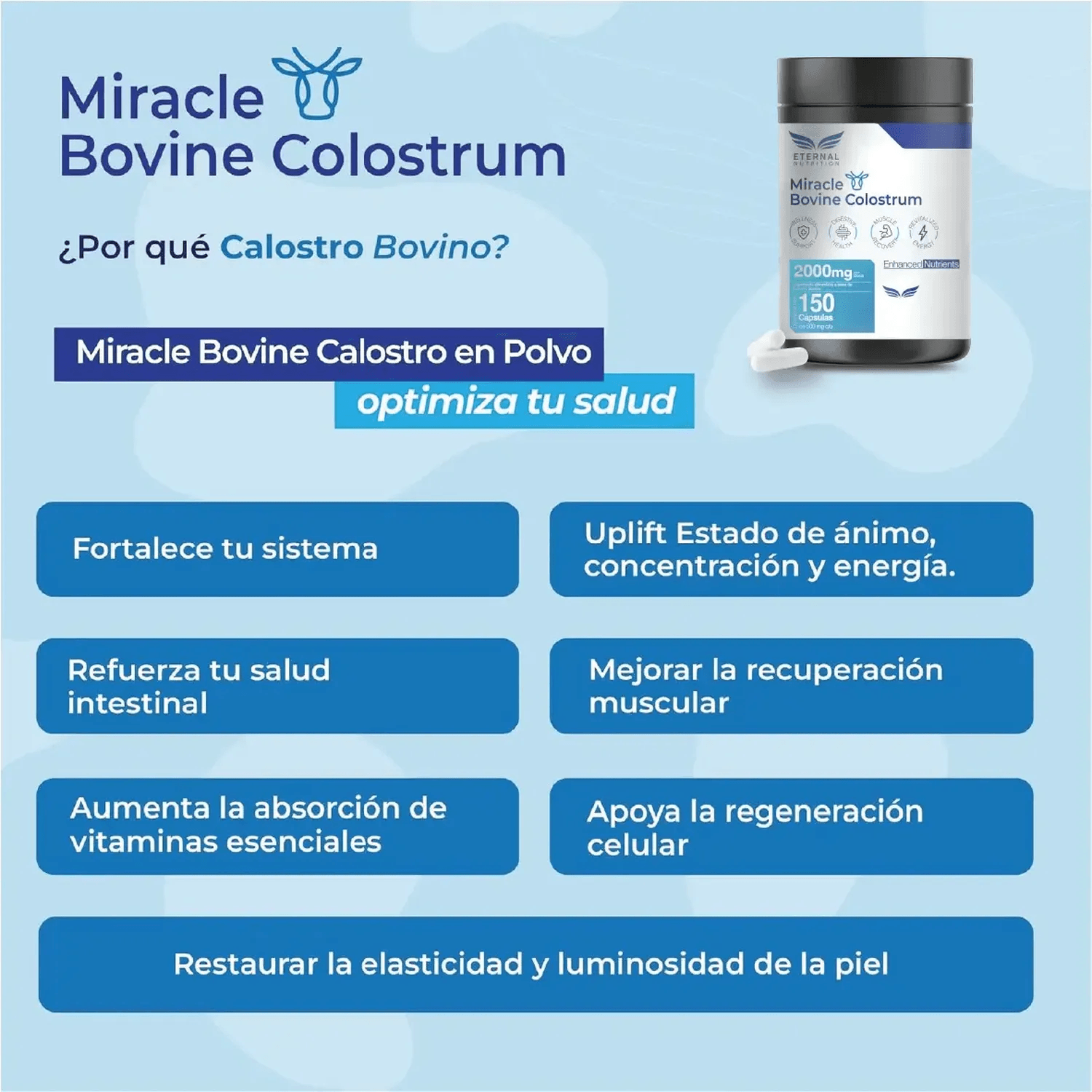 Miracle: Calostro Bovino 50% IgG, Inmunoglobulinas y Factores de Crecimiento, 150 Cápsulas — imagen 3