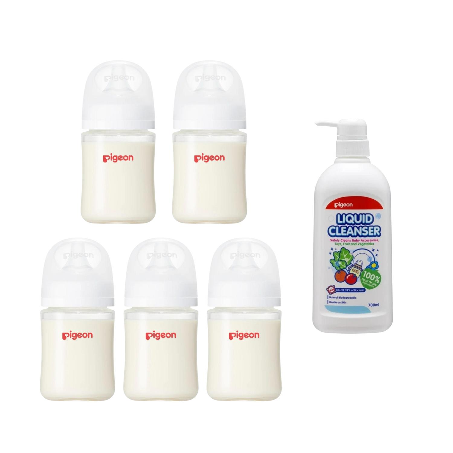 5 biberones pigeon softouch 160ml y limpiador liquido 700ml — imagen 1