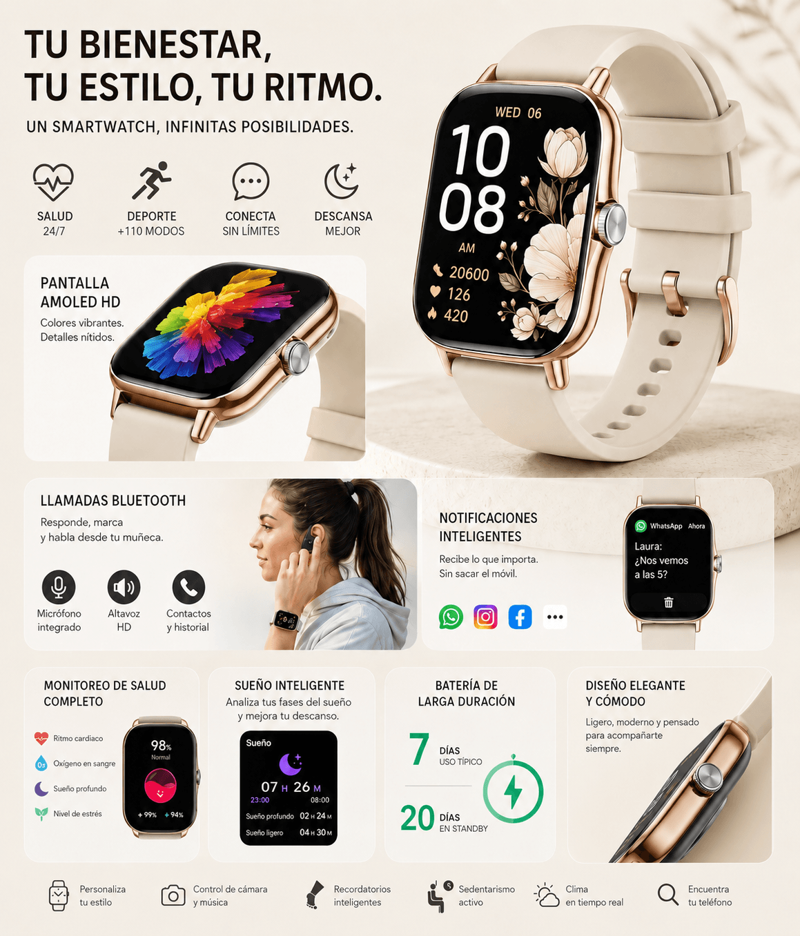 Smartwatch con Llamadas Bluetooth, Pantalla HD 1.75” FM13 , Asistente de Voz y Modos Deportivos — imagen 4