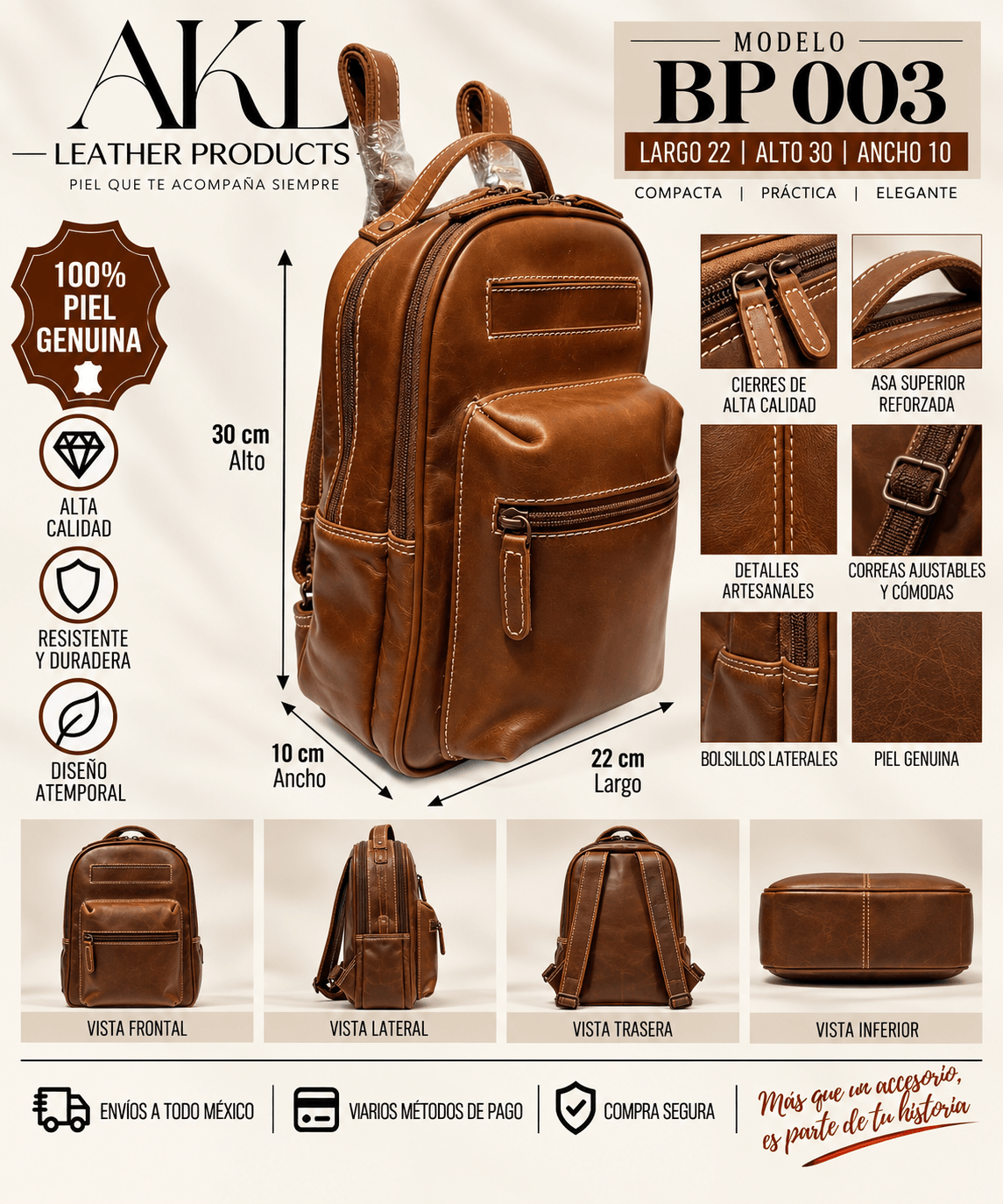 Mochila Pequeña De Piel Legitima Genuina Para Dama Con Bolsillos Frontales Bp03 — imagen 2