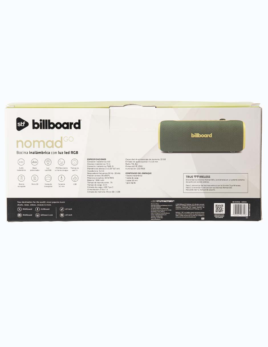 Bocina Billboard Nomad Go Negro 30W RMS con Luz LED RGB, IPX5, TWS, US,Micro SD y Conectividad Inalámbrica — imagen 9