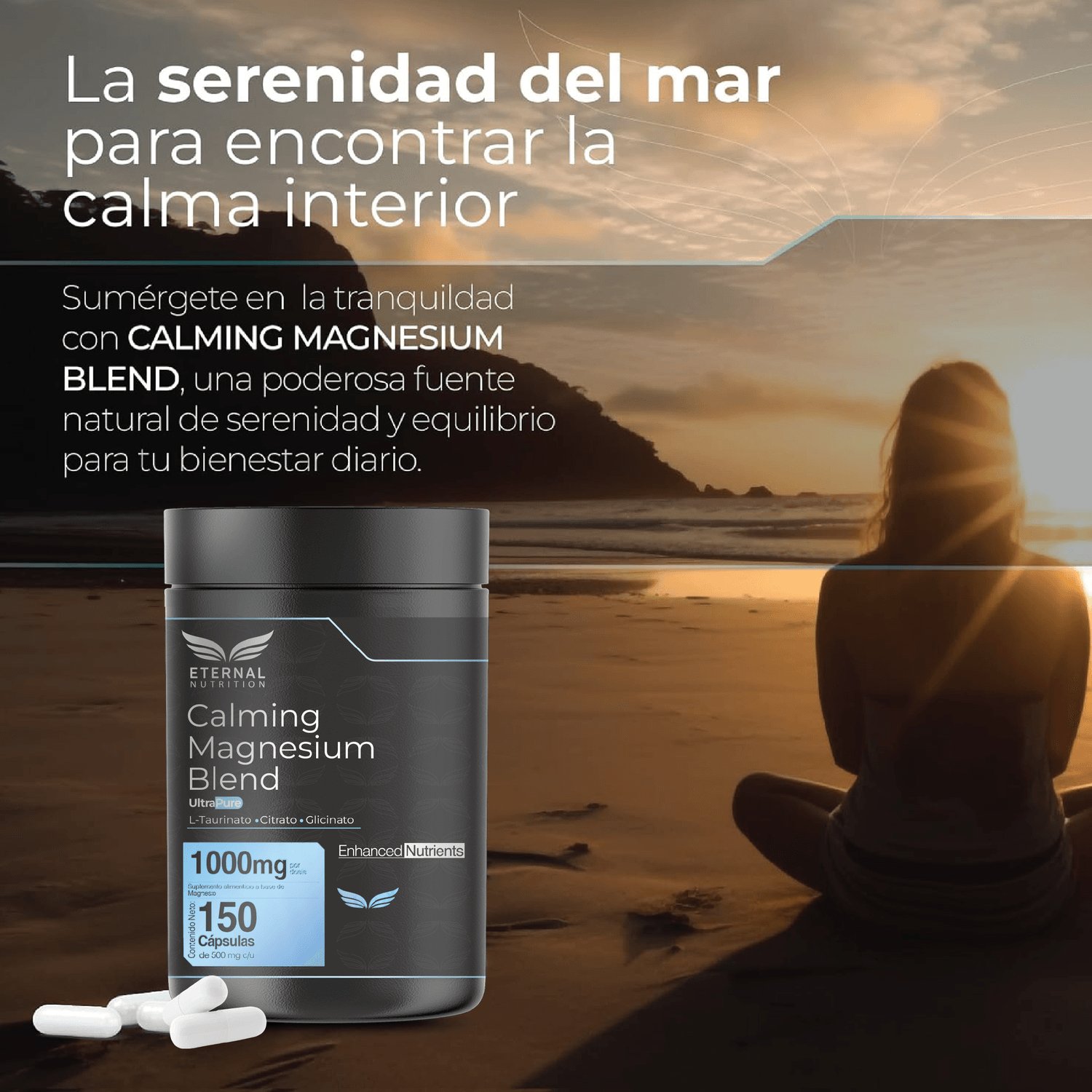 Calming Blend: Magnesio Quelado 3 en 1, Bisglicinato, Citrato y L-Taurinato de Magnesio, 150 Cápsulas — imagen 3