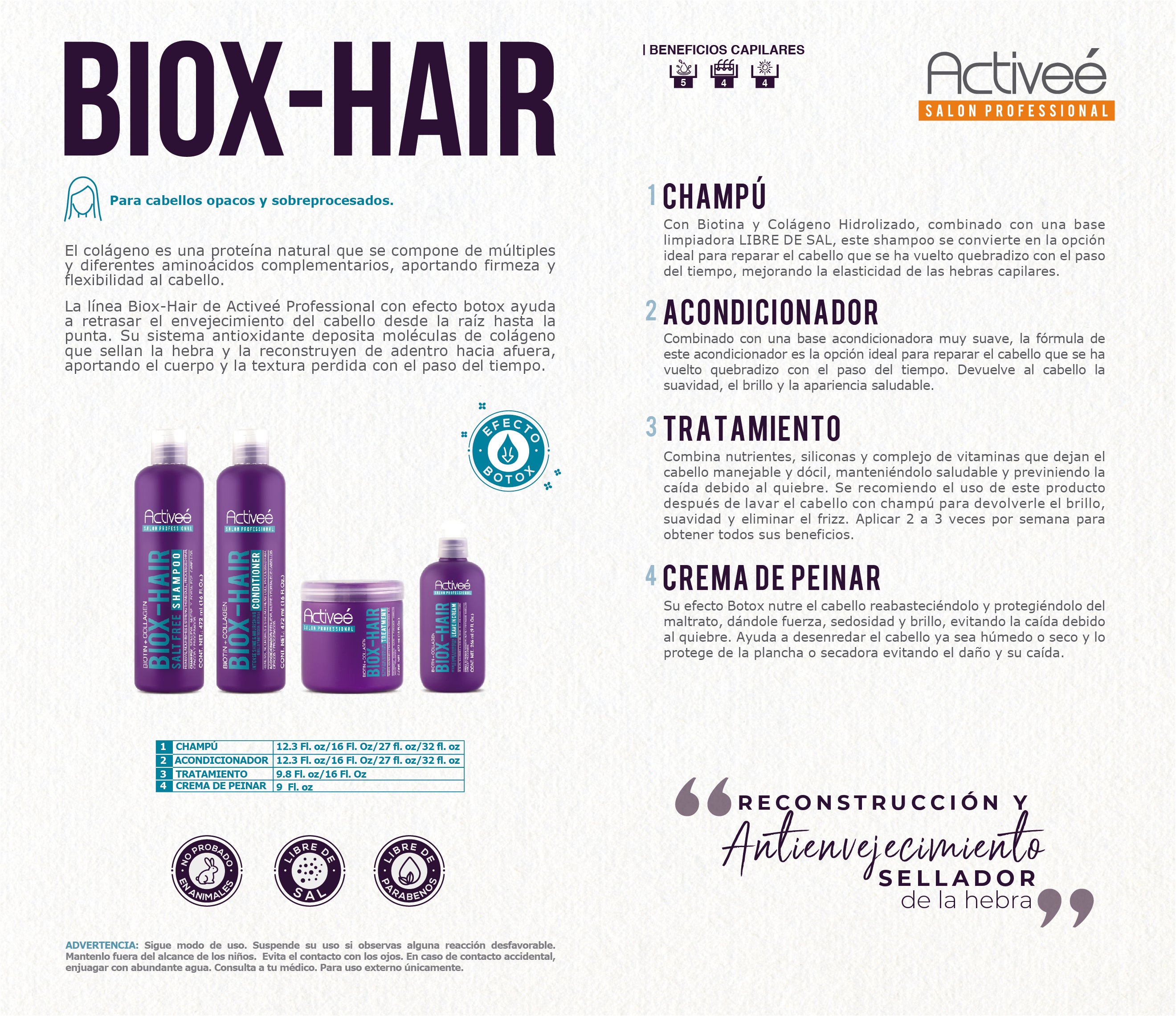Shampoo Activee Professional Biotin+Colagena Renueva Nutre y Fortalece Cabellos Opacos y Procesados Libre de Sal — imagen 3