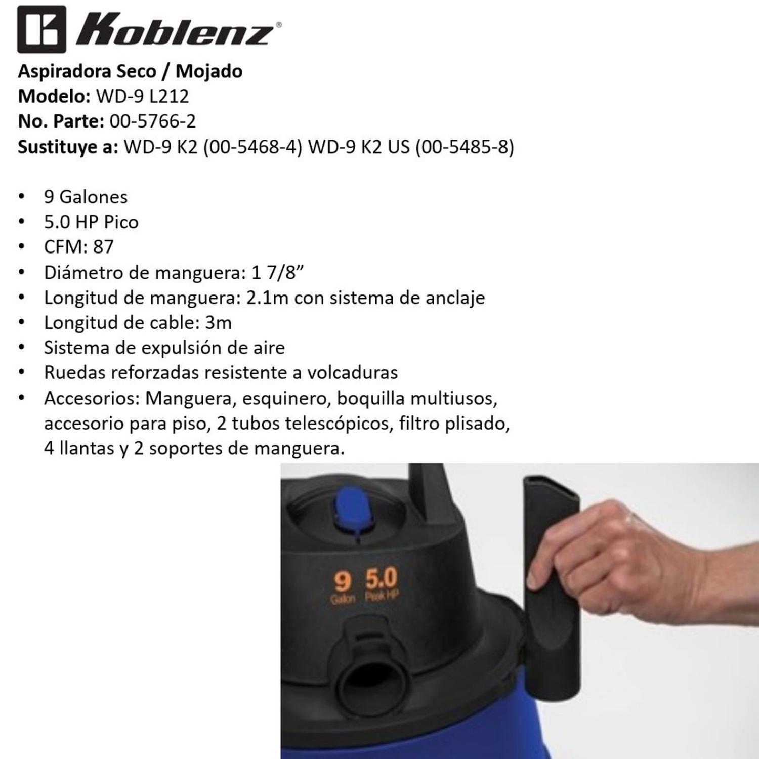 ASPIRADORA KOBLENZ WD-9 SECO MOJADO 5.0 HP 9 GAL — imagen 2