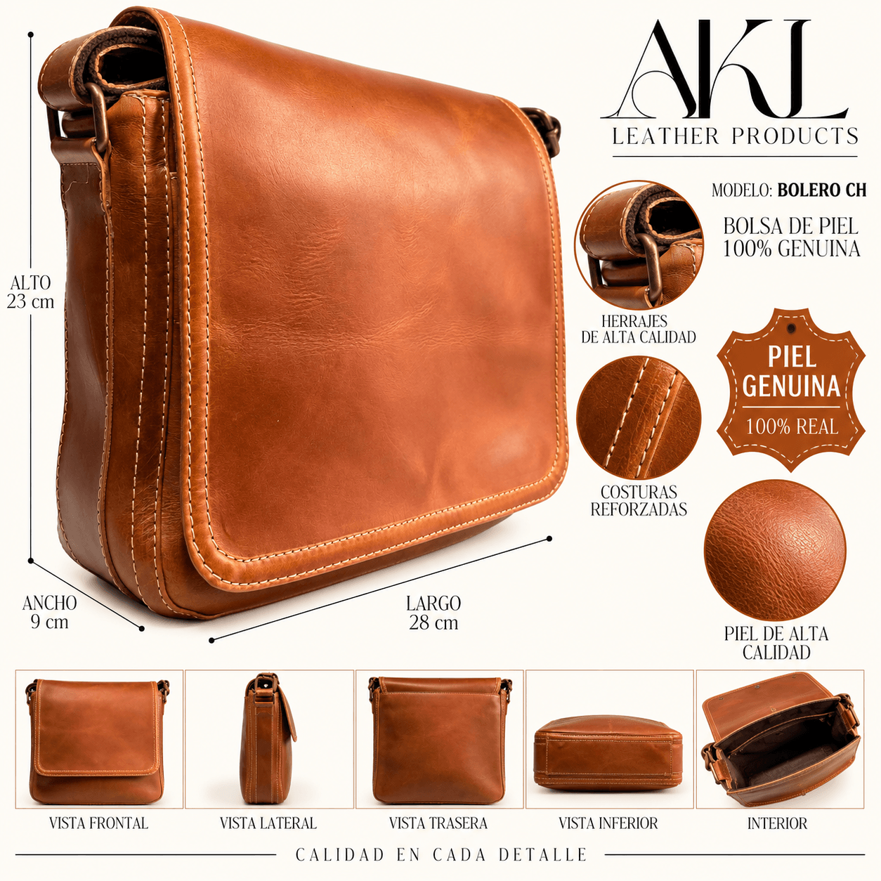 Mariconera Bolero Mediano Piel Legitima Glasé. — imagen 2