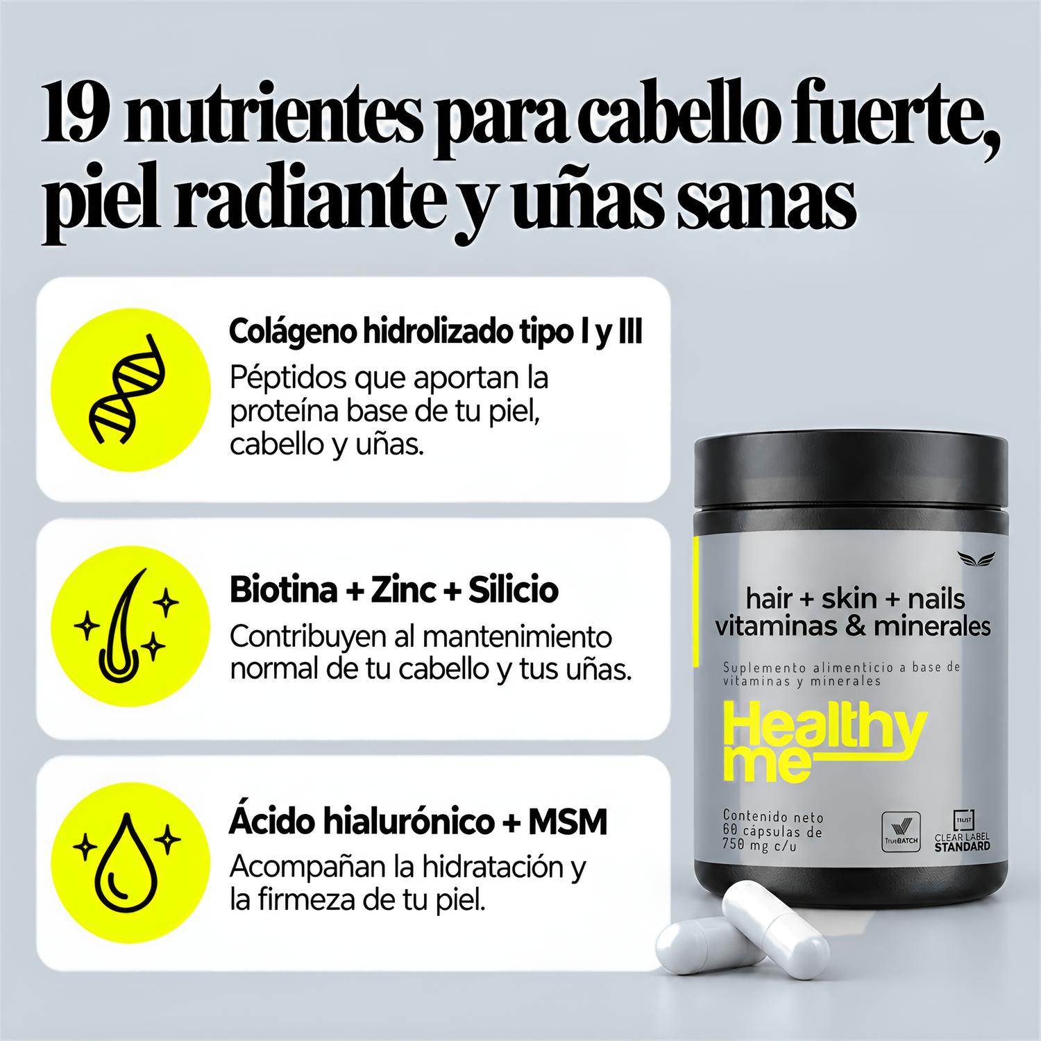 Healthy Me: Colágeno Hidrolizado, Biotina y Ácido Hialurónico para Cabello, Piel y Uñas, 60 Cápsulas — imagen 2