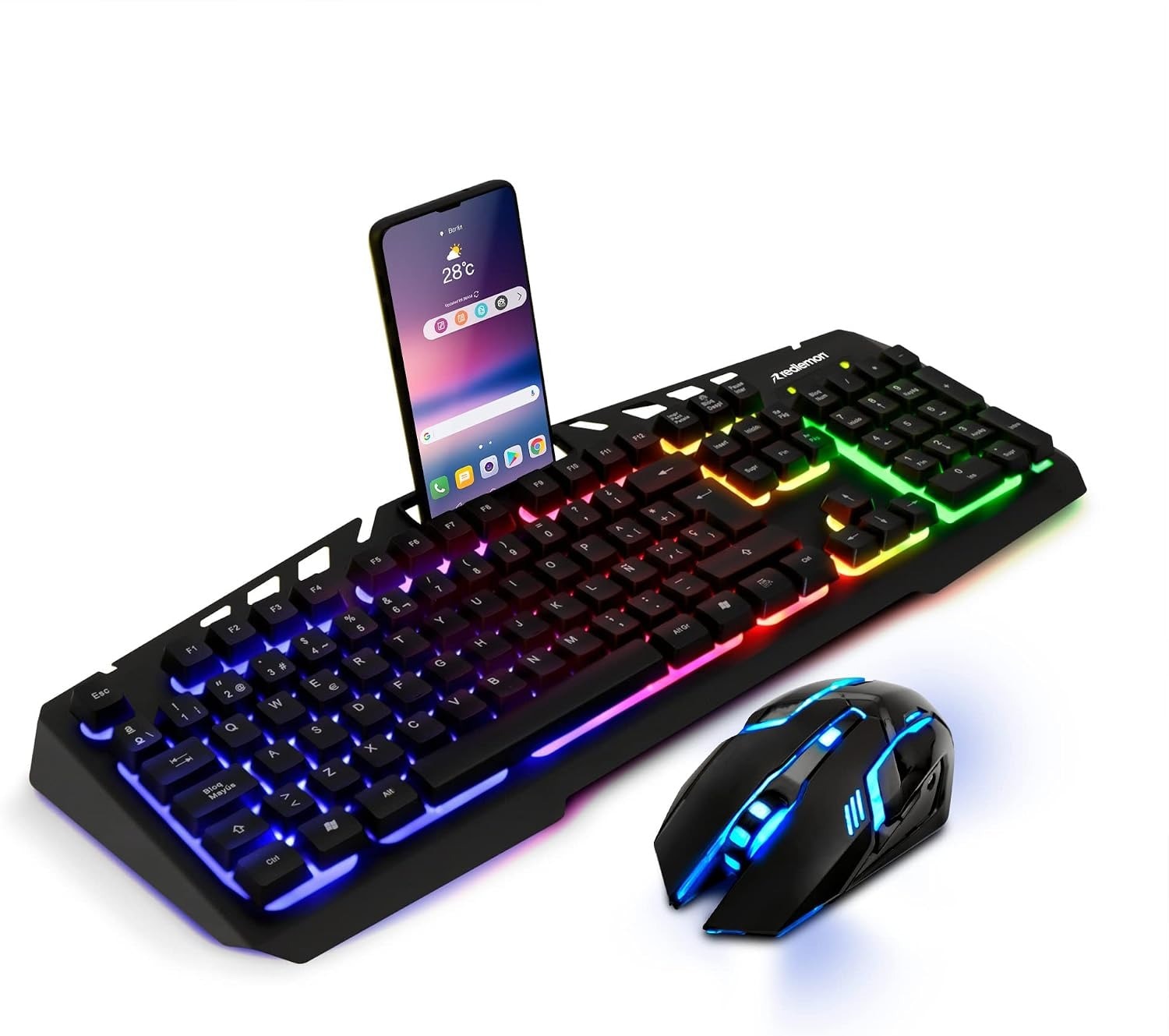 Mouse y Teclado Alámbrico USB con Luz LED para PC Gaming, Teclado Semi Mecánico con Soporte para Celular, Mouse 4 Niveles de dpi, Kit Plug & Play Compatible con Windows — imagen 1