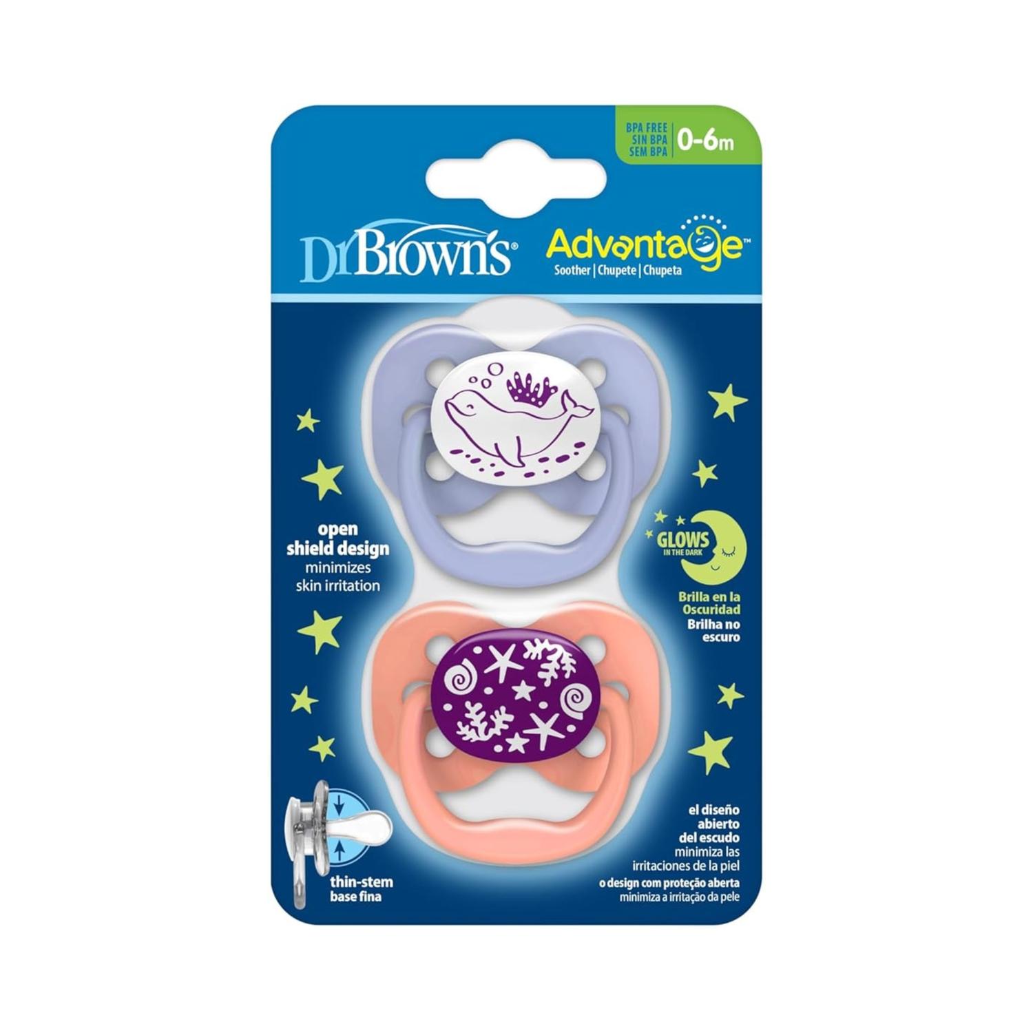 Set 2 Chupones Dr Brown's Advantage Glow In The Dark 0-6 Brilla En La Obscuridad Niña Nocturno Rosa Y Morado — imagen 1