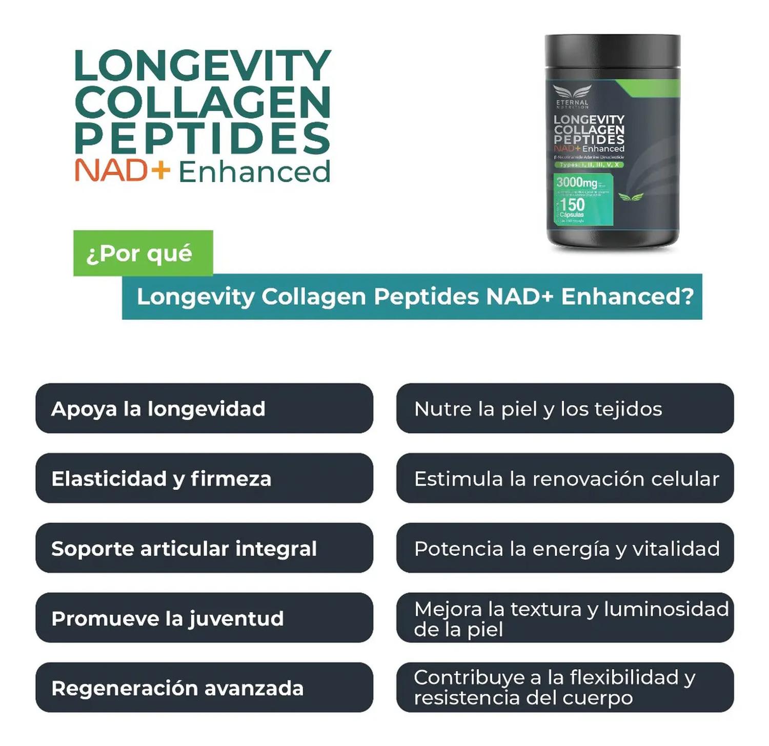 Longevity: Colágeno Hidrolizado + NAD+, Péptidos Tipos I, II, III, V y X, 150 Cápsulas — imagen 6