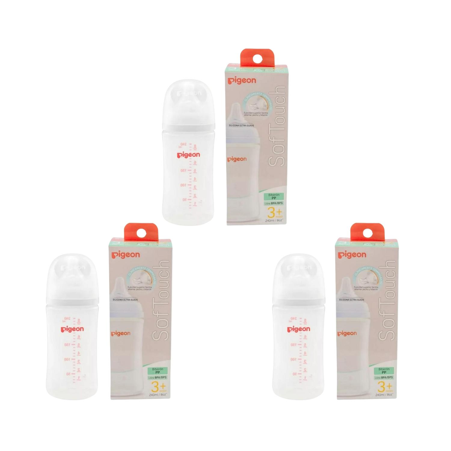 3 biberones pigeon softouch 240ml y limpiador liquido 700ml — imagen 2