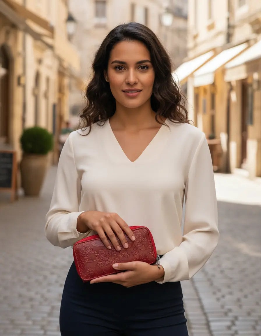 Cartera Dama Piel Legitima Genuina Ternera Grabada Pequeña Mini Cierr — imagen 2
