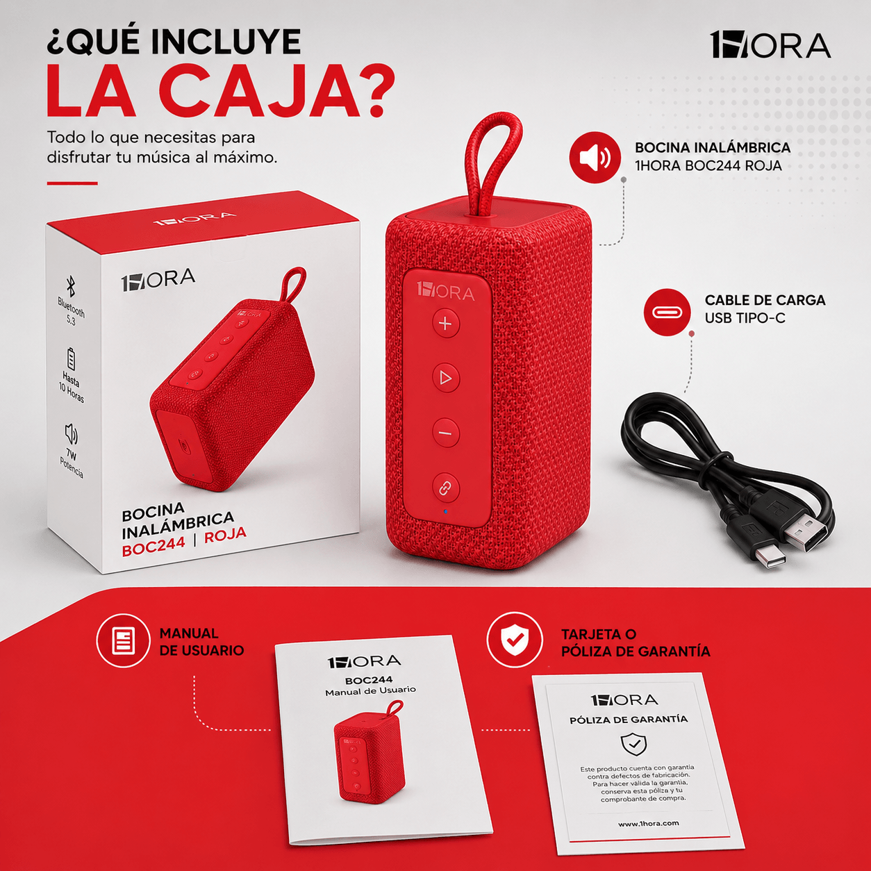 Bocina Bluetooth 1HORA BOC244 Roja Portátil con Sonido Estéreo y TWS — imagen 6