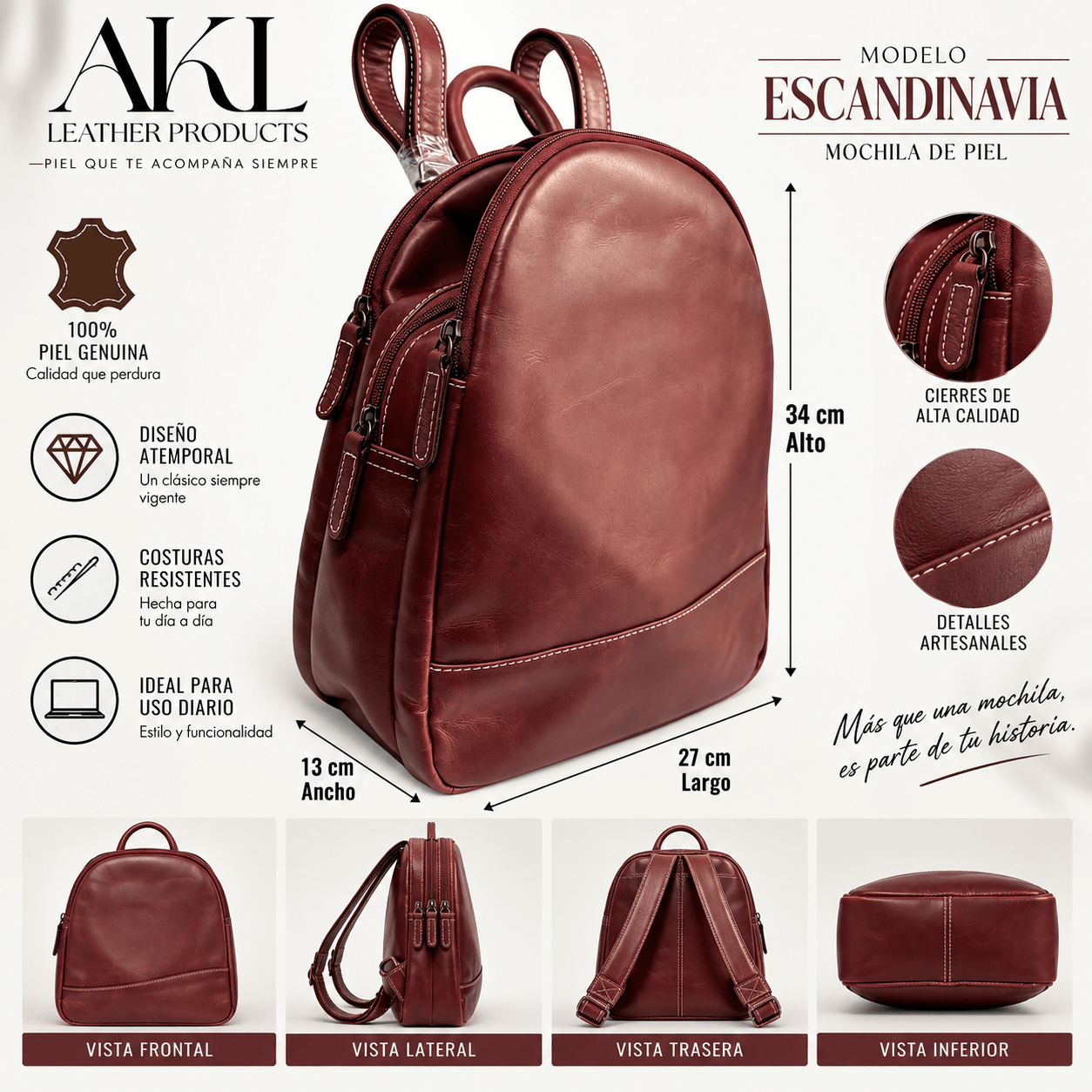 Mochila Piel Legitima Ternera Original Antirrobo Impermeable Escandinavia — imagen 2