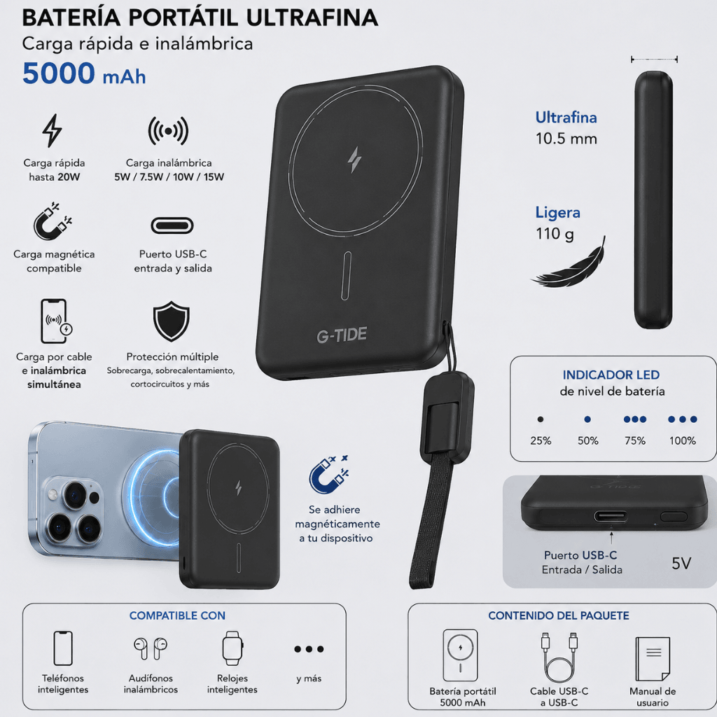 G-tide Slim01 Power bank Ultradelgada, 5000 mAh, carga rápida, carga inalámbrica — imagen 2