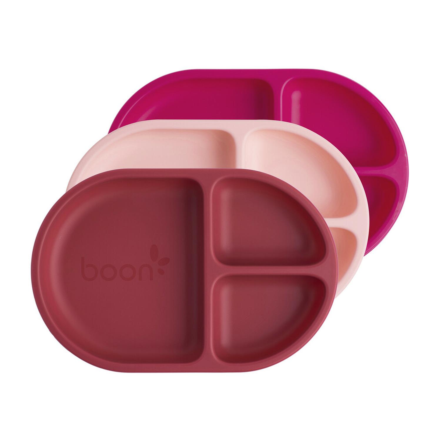 Juego De 3 Platos Para Bebé Marca Boon Chow Con Separaciones Rosa Silicona — imagen 1