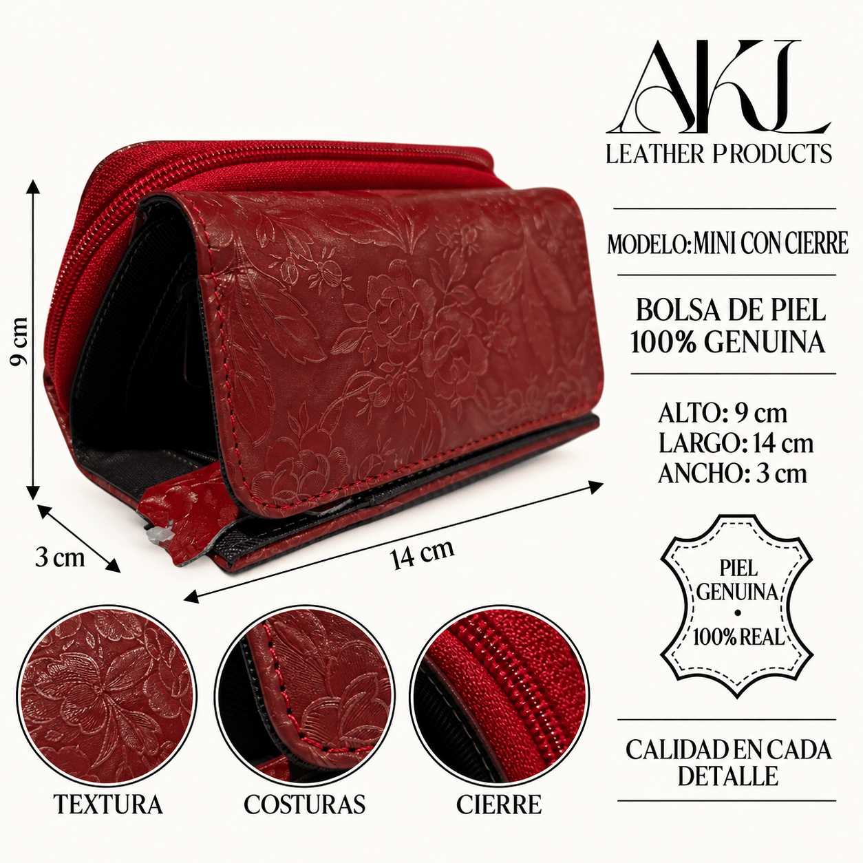 Cartera Dama Piel Legitima Genuina Ternera Grabada Pequeña Mini Cierr — imagen 3