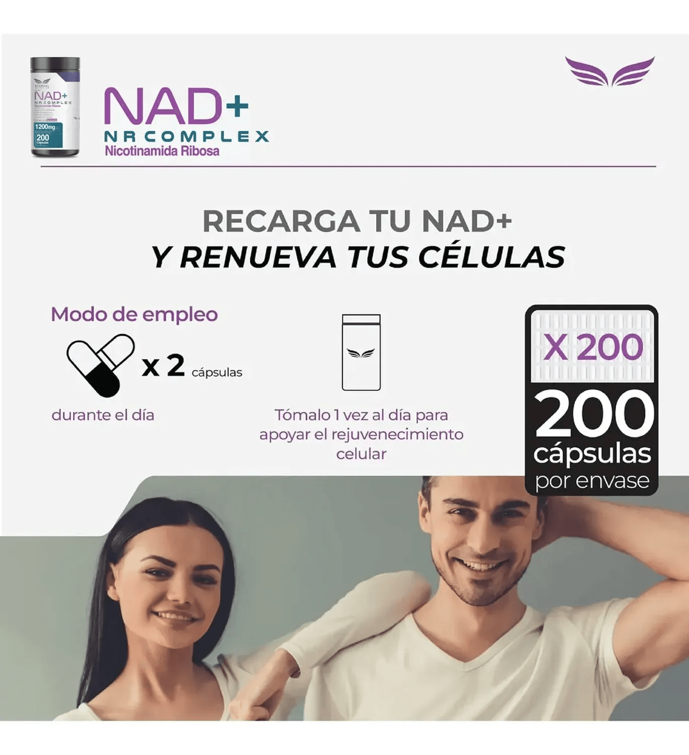 Essentials: NAD+ NR Complex, Nicotinamida Ribósida + Calostro + Trans-Pterostilbeno, 200 Cápsulas — imagen 6