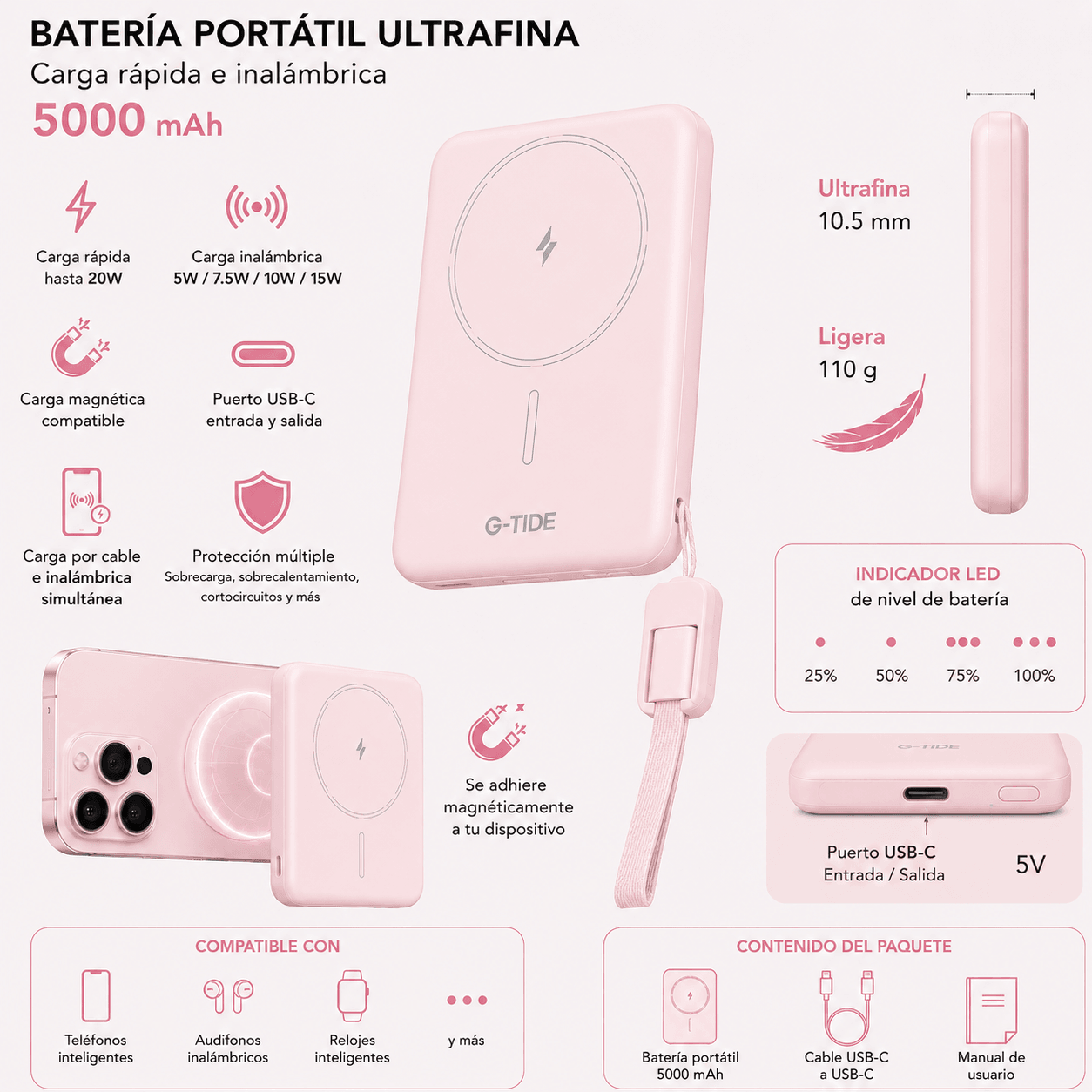 G-tide Slim01 Power bank Ultradelgada, 5000 mAh, carga rápida, carga inalámbrica — imagen 13