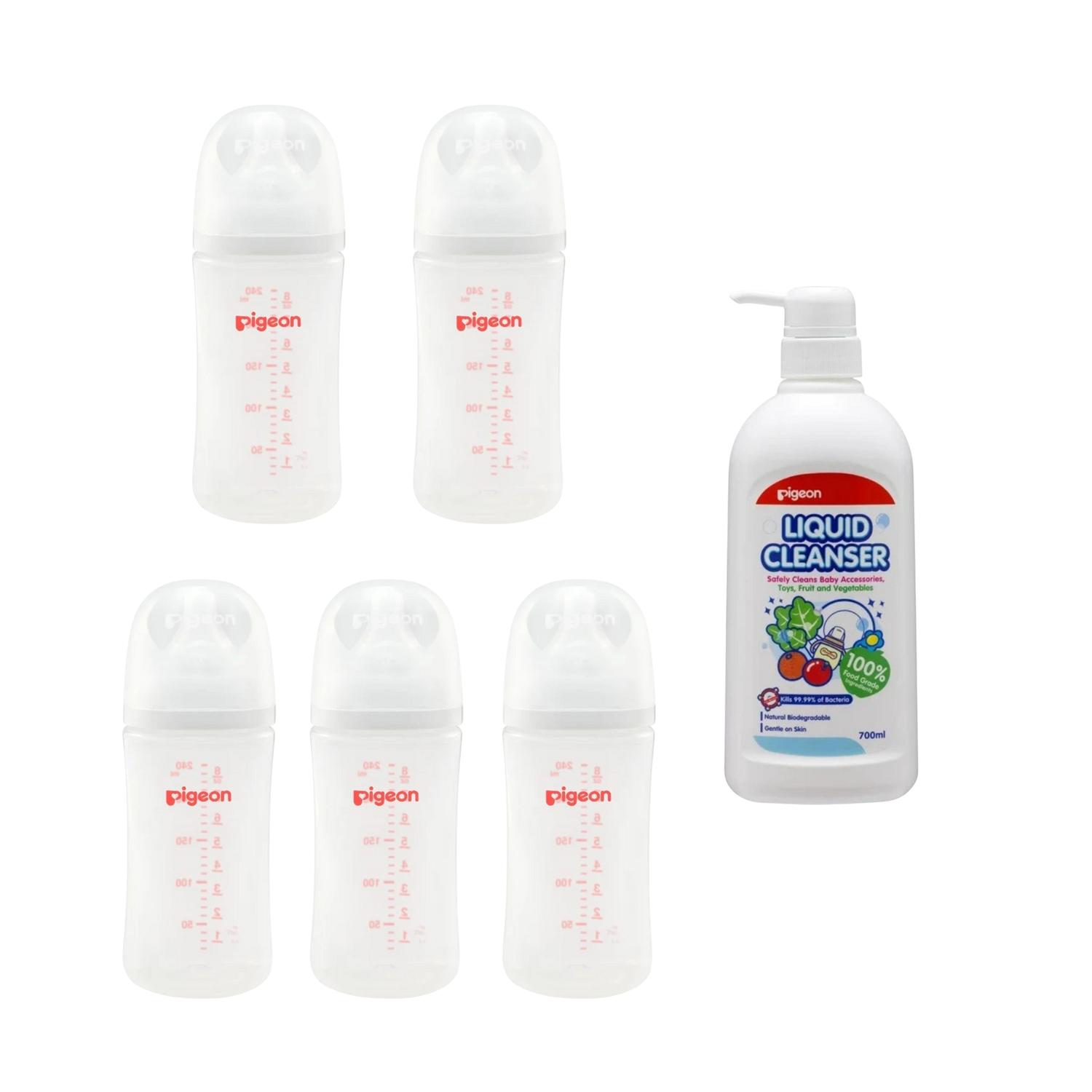5 biberones pigeon softouch 240ml y limpiador liquido 700ml — imagen 1